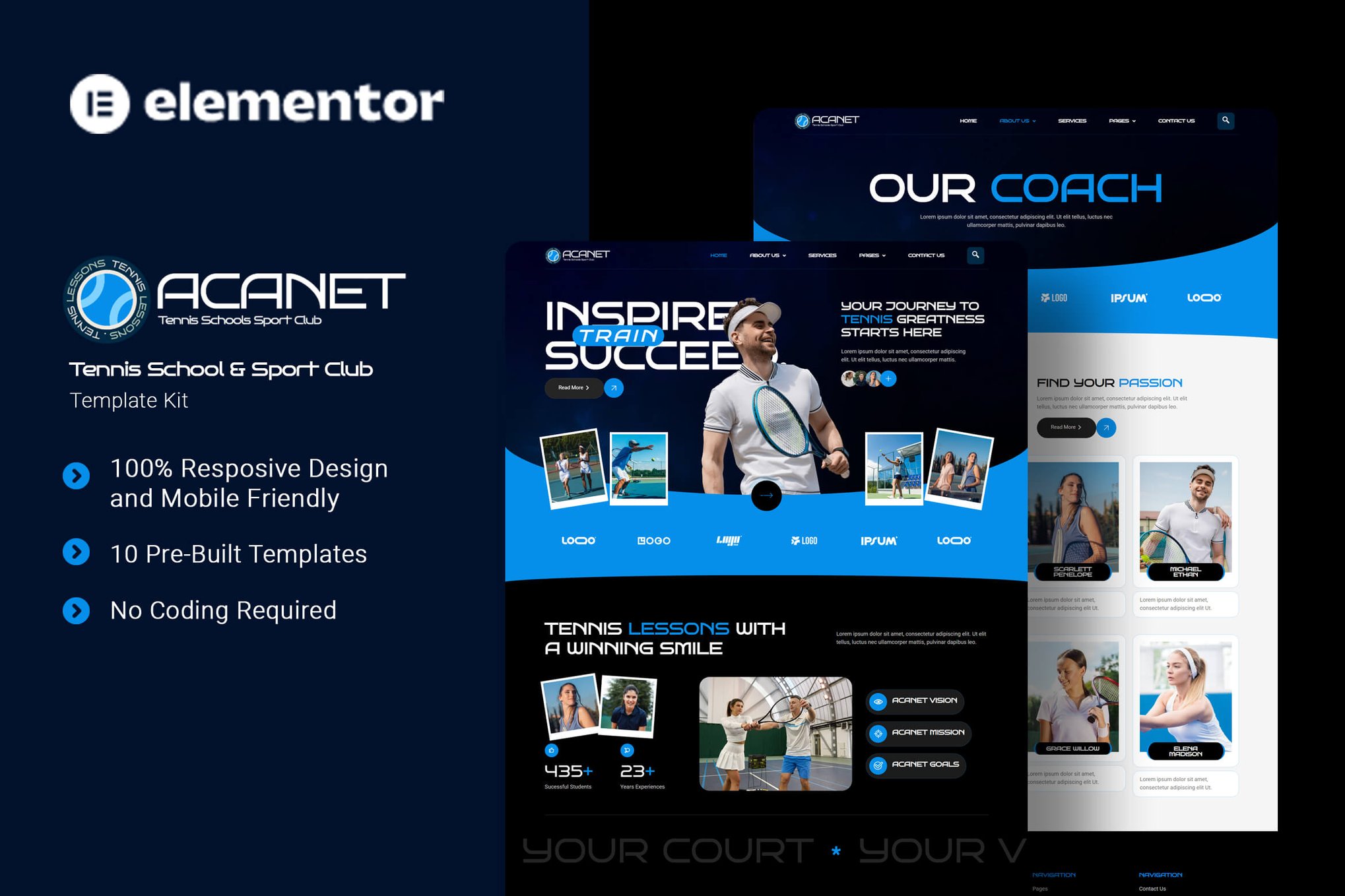 Acanet - Tennis School & Sport Club Elementor Template Kit template kit cover image