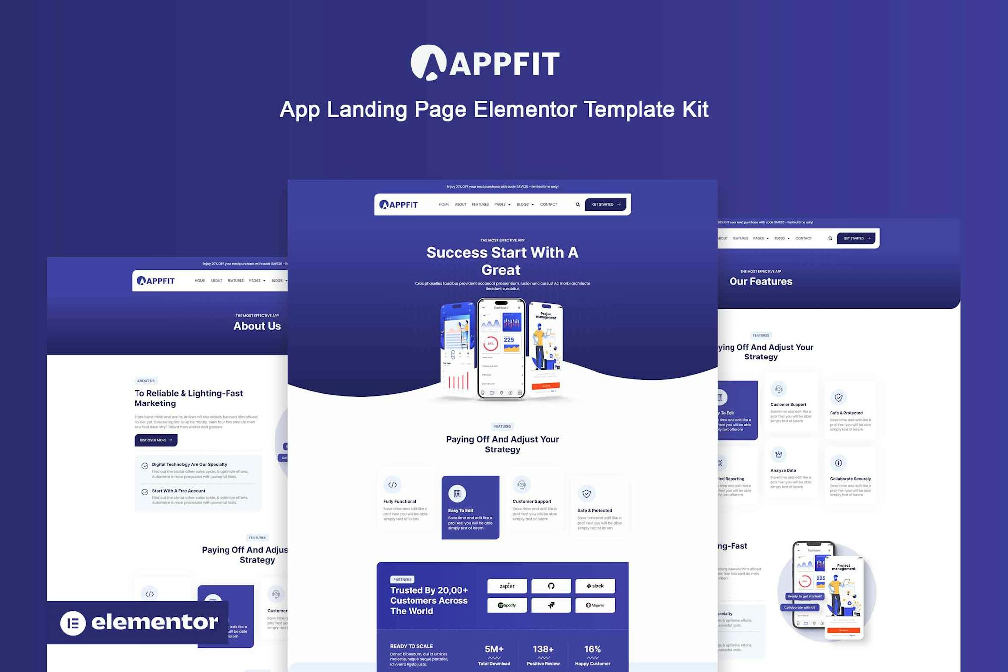 Appfit - App Landing Page Elementor Pro Template Kit template kit cover image