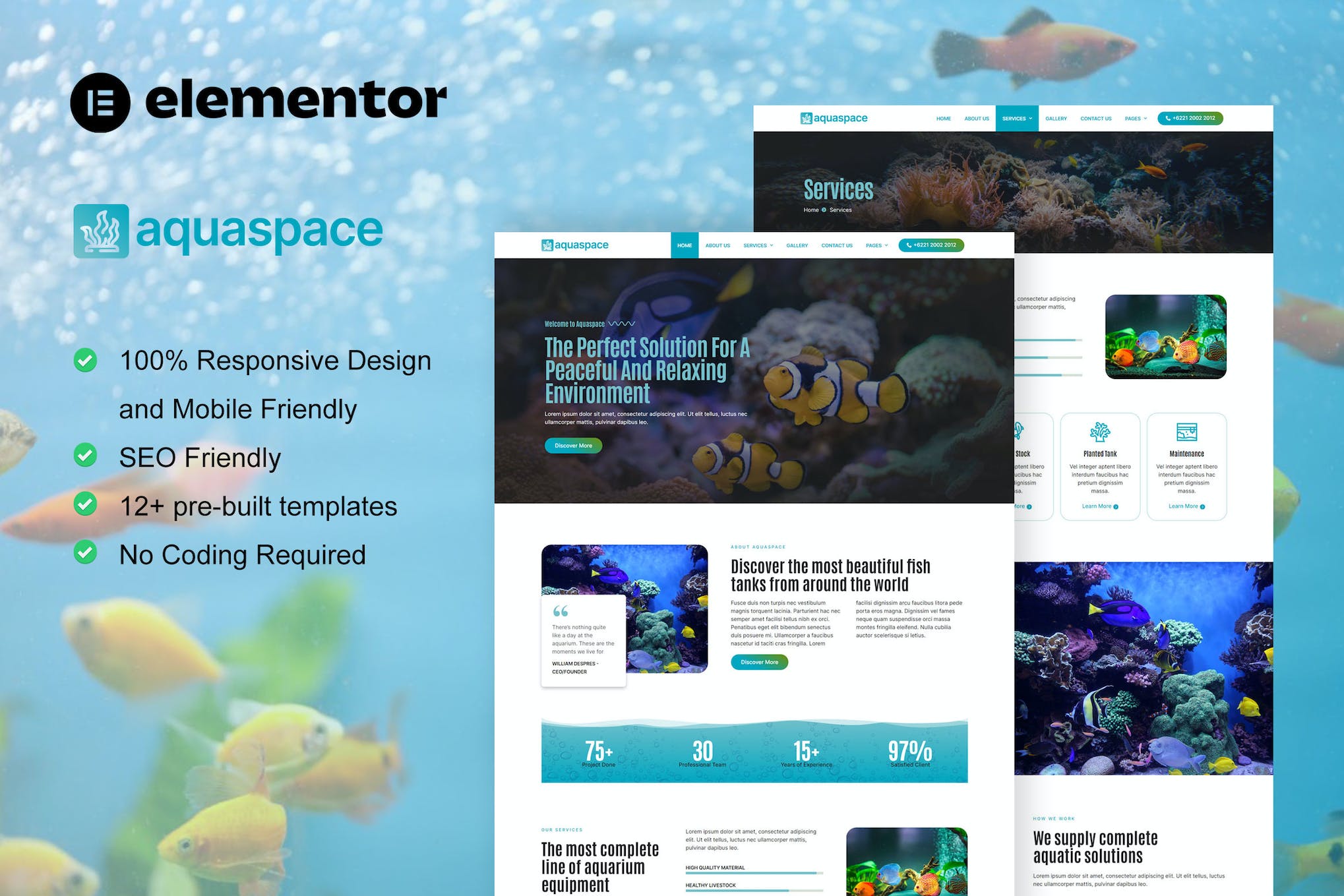 Aquaspace - Fish Aquarium & Aquascape Service Elementor Template Kit template kit cover image