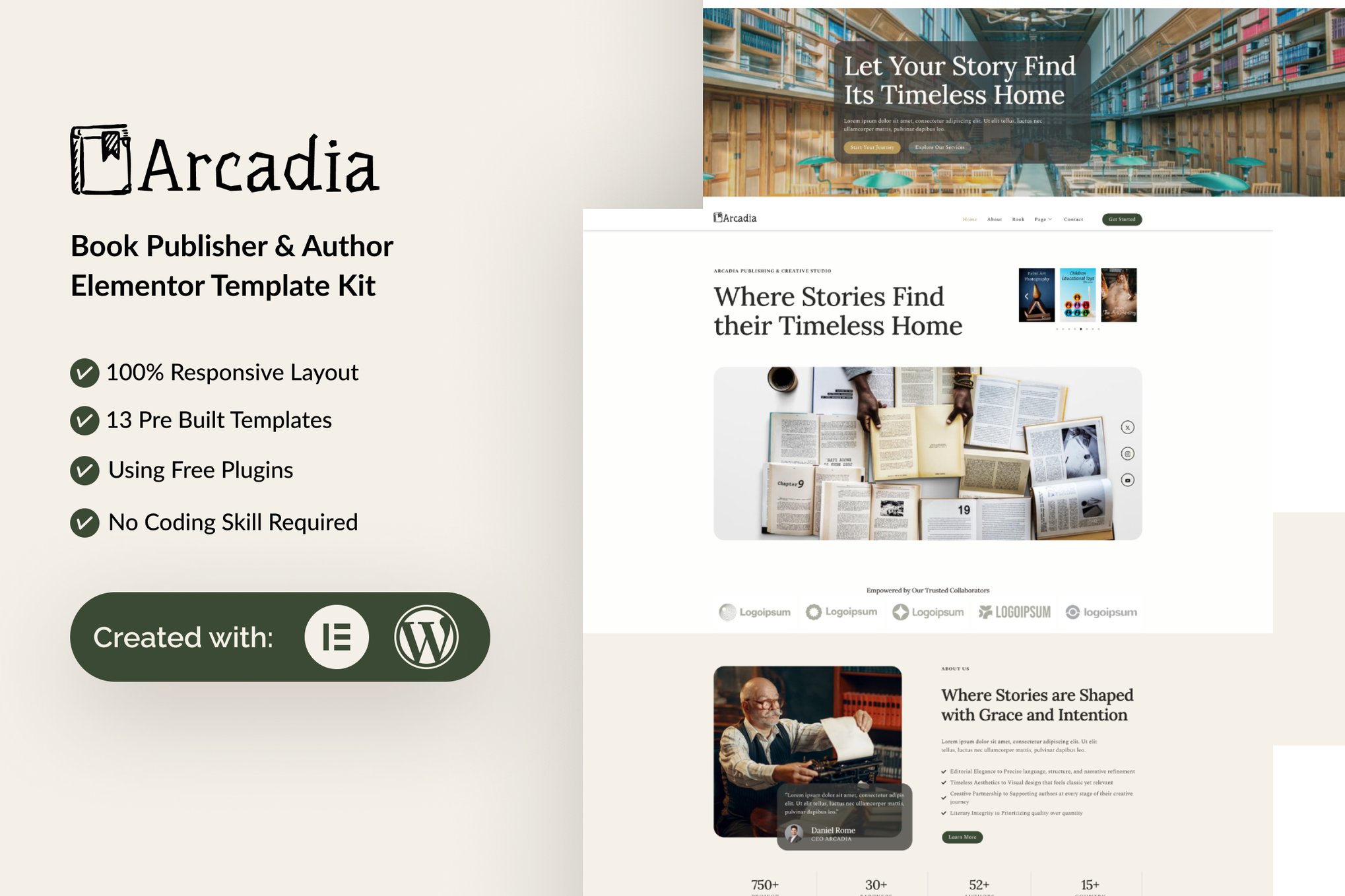 Arcadia - Book Publisher & Author Elementor Template Kit template kit cover image
