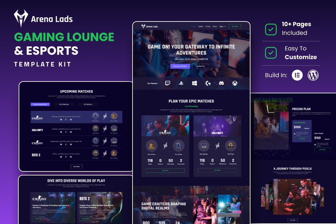 Arena Lads - Esports & Gaming Elementor Template Kit template kit cover image