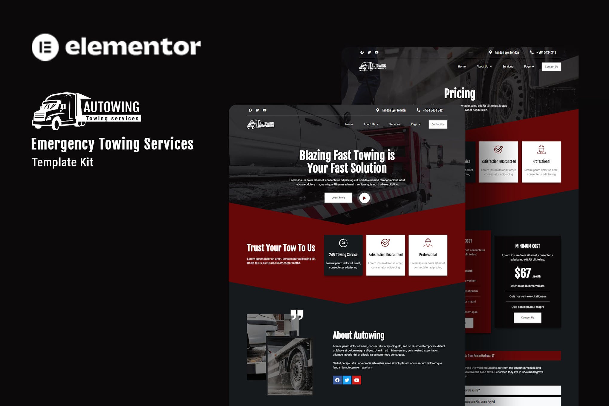 Autowing - Emergency Towing Service Elementor Template Kit template kit cover image
