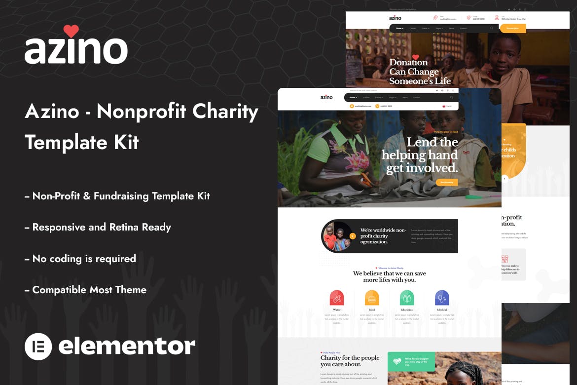 Azino - Nonprofit Charity Elementor Template Kit template kit cover image