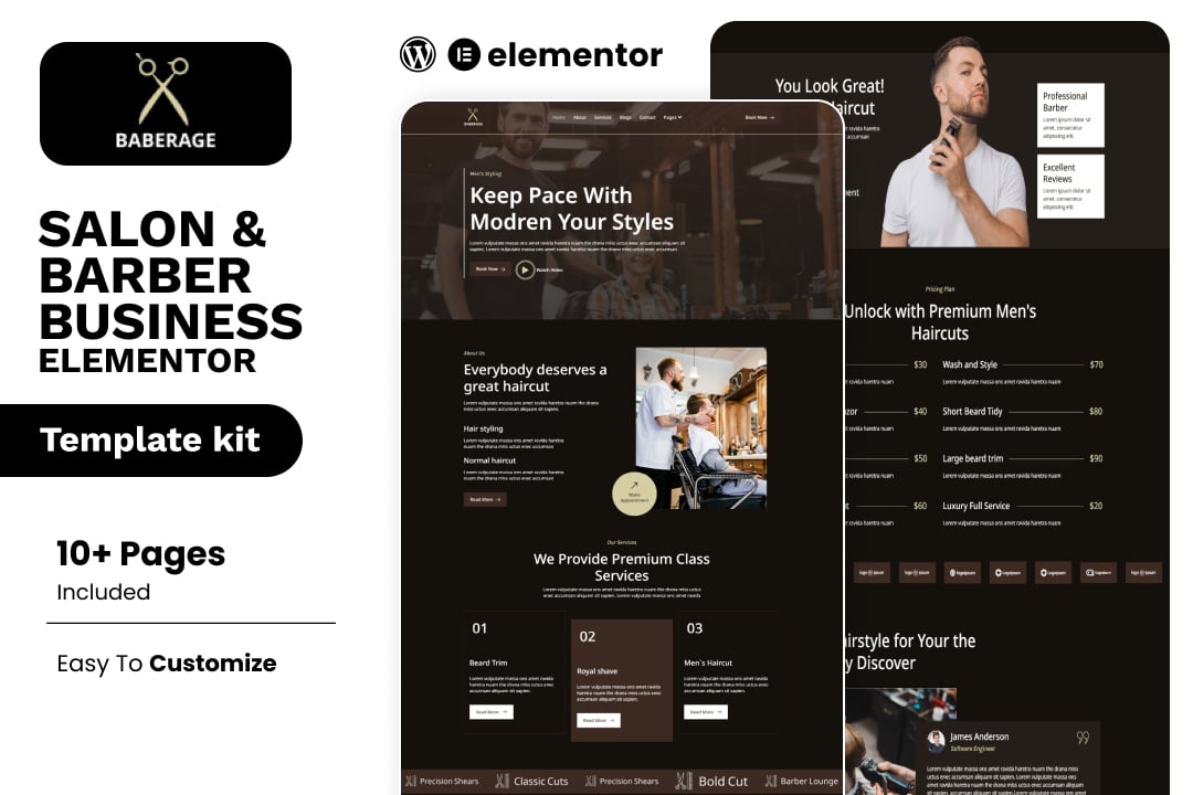 Baberage – Barber & Hairdresser Shop Elementor Template Kit template kit cover image