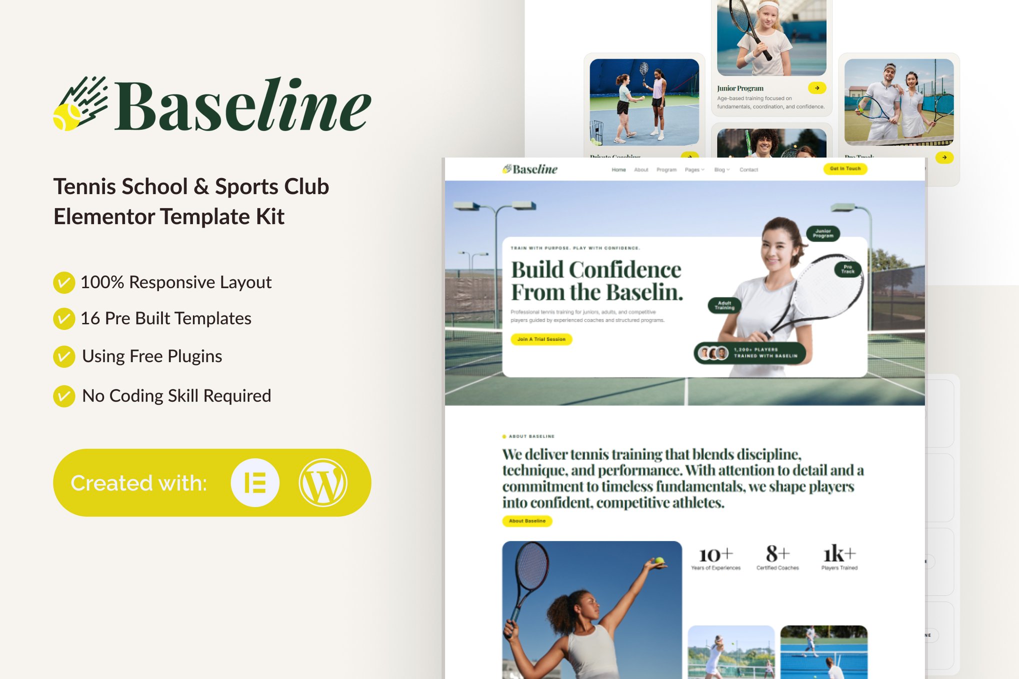 Baseline - Tennis School & Sports Club Elementor Template Kit template kit cover image