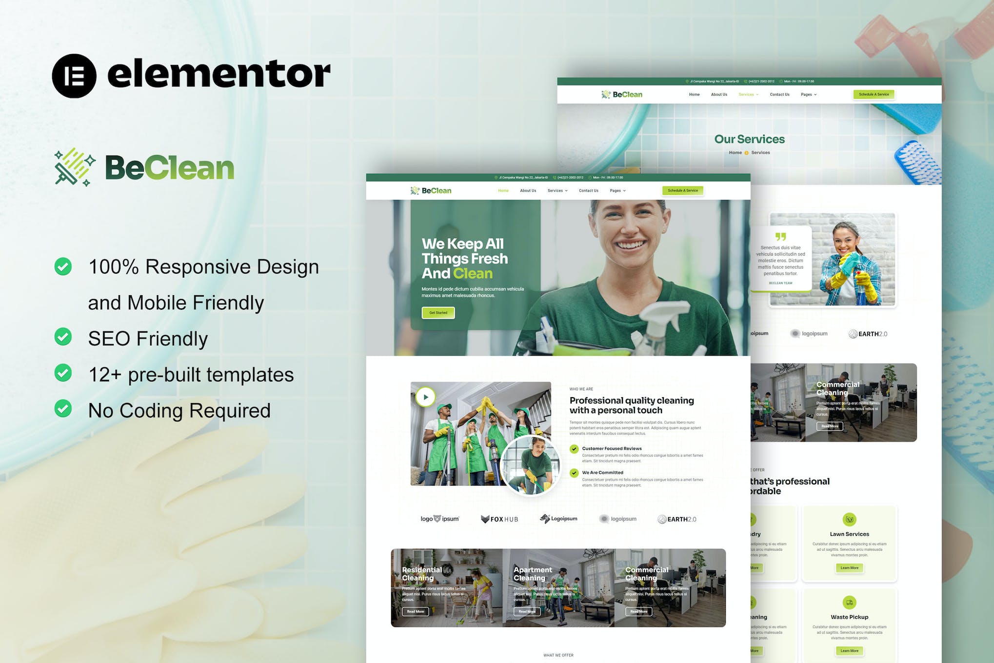 BeClean - Cleaning Service Company Elementor Pro Template Kit template kit cover image