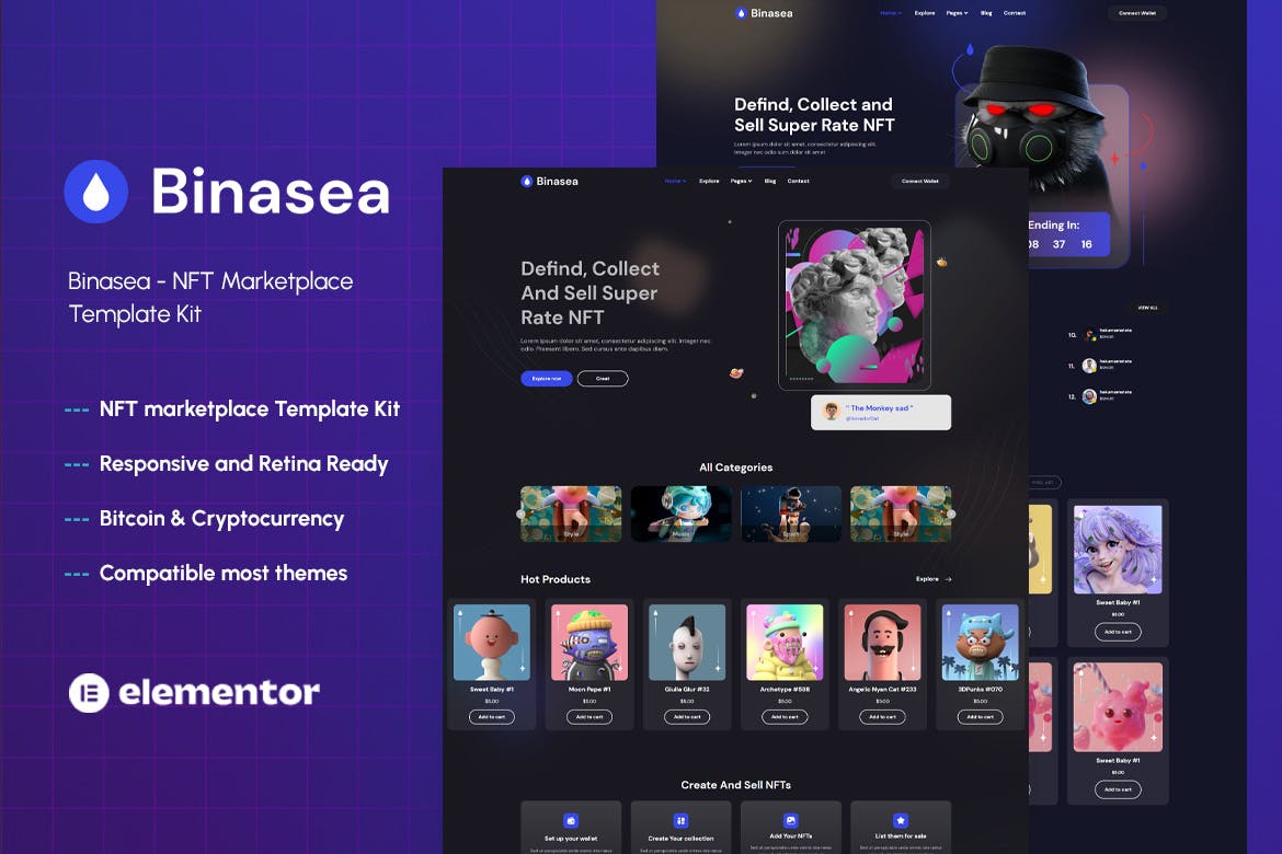 Binasea - NFT Marketplace Elementor Template Kit template kit cover image