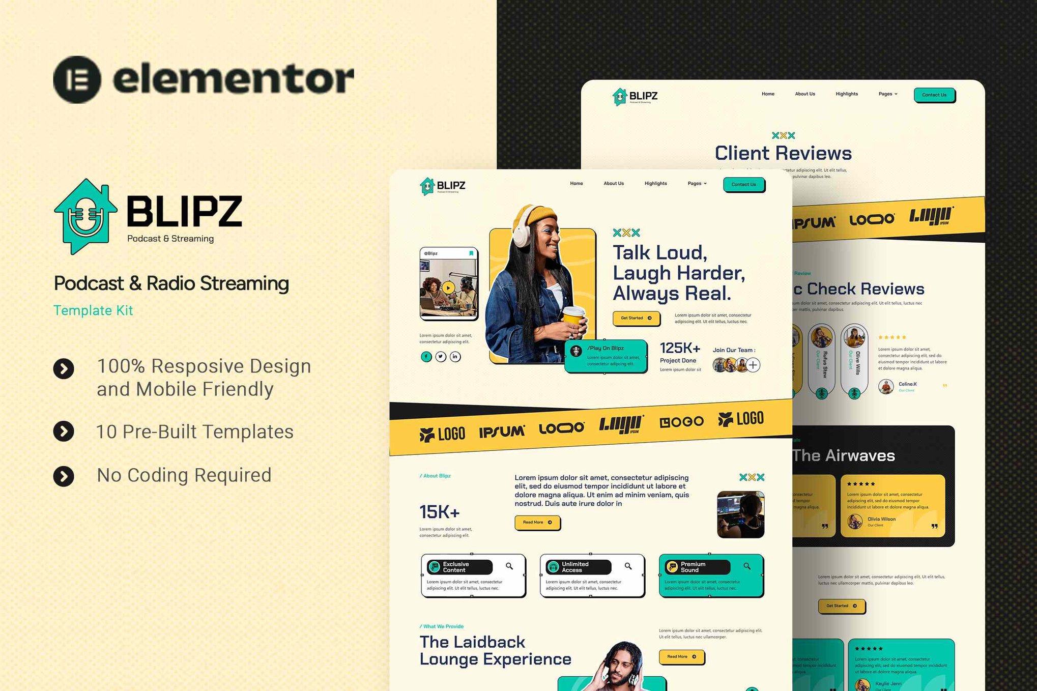 Blipz - Podcast & Radio Streaming Elementor Template Kit template kit cover image