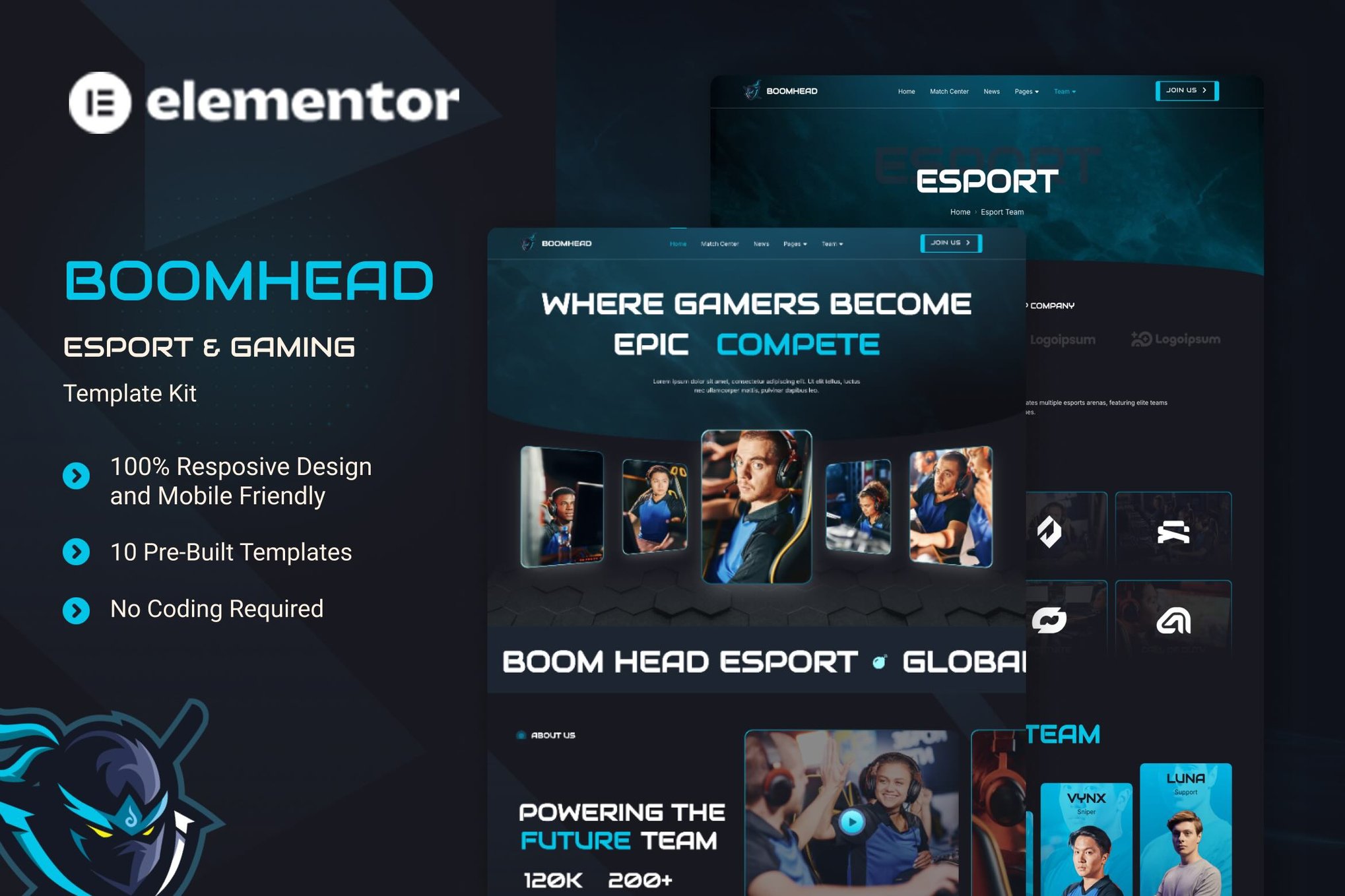BoomHead - Esport & Gaming Elementor Template Kit template kit cover image