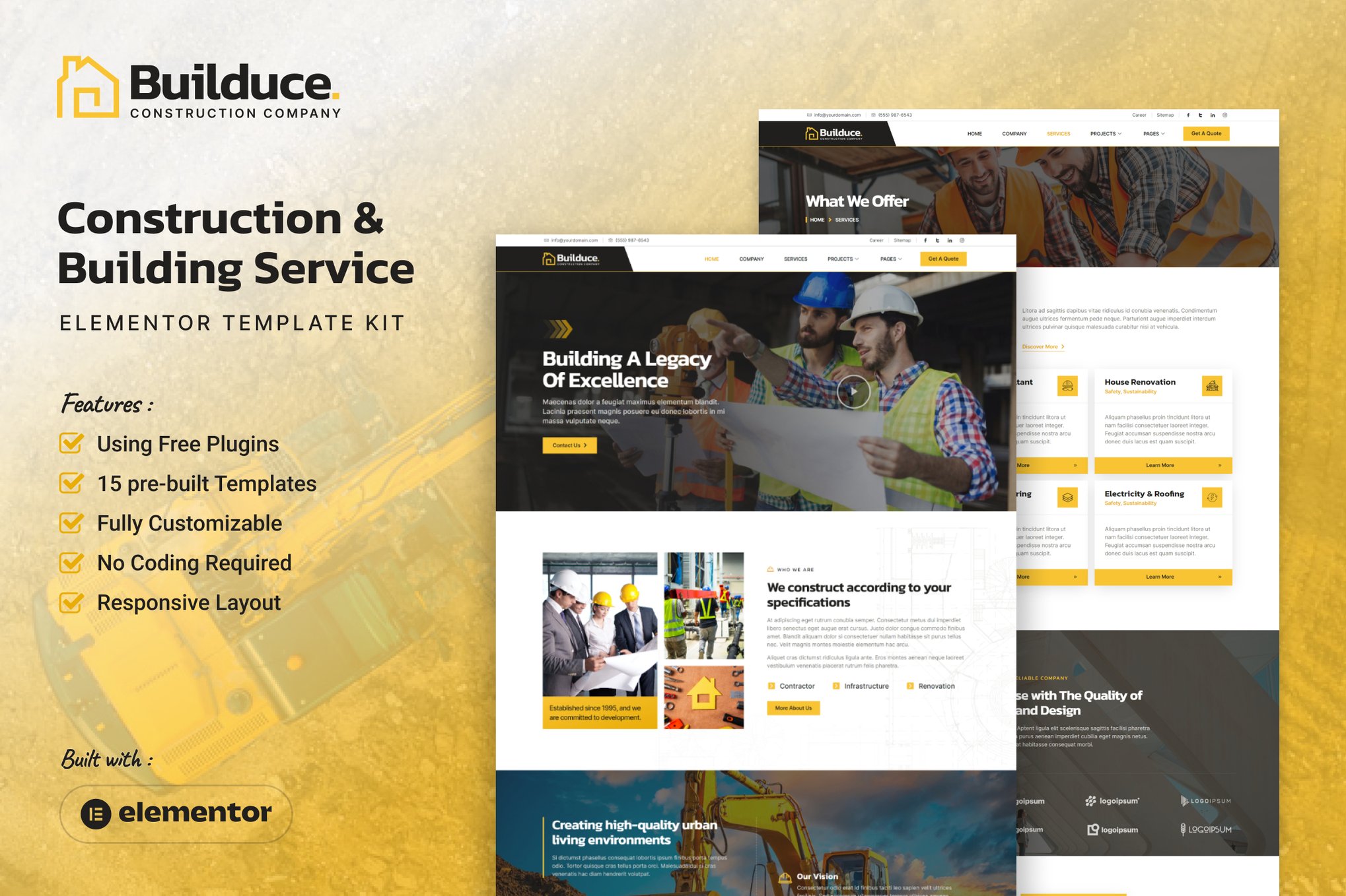 Builduce - Construction & Building Service Elementor Template Kit template kit cover image