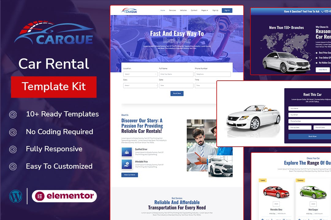 CarQue - Car Rental & Auto Services Elementor Template Kit template kit cover image