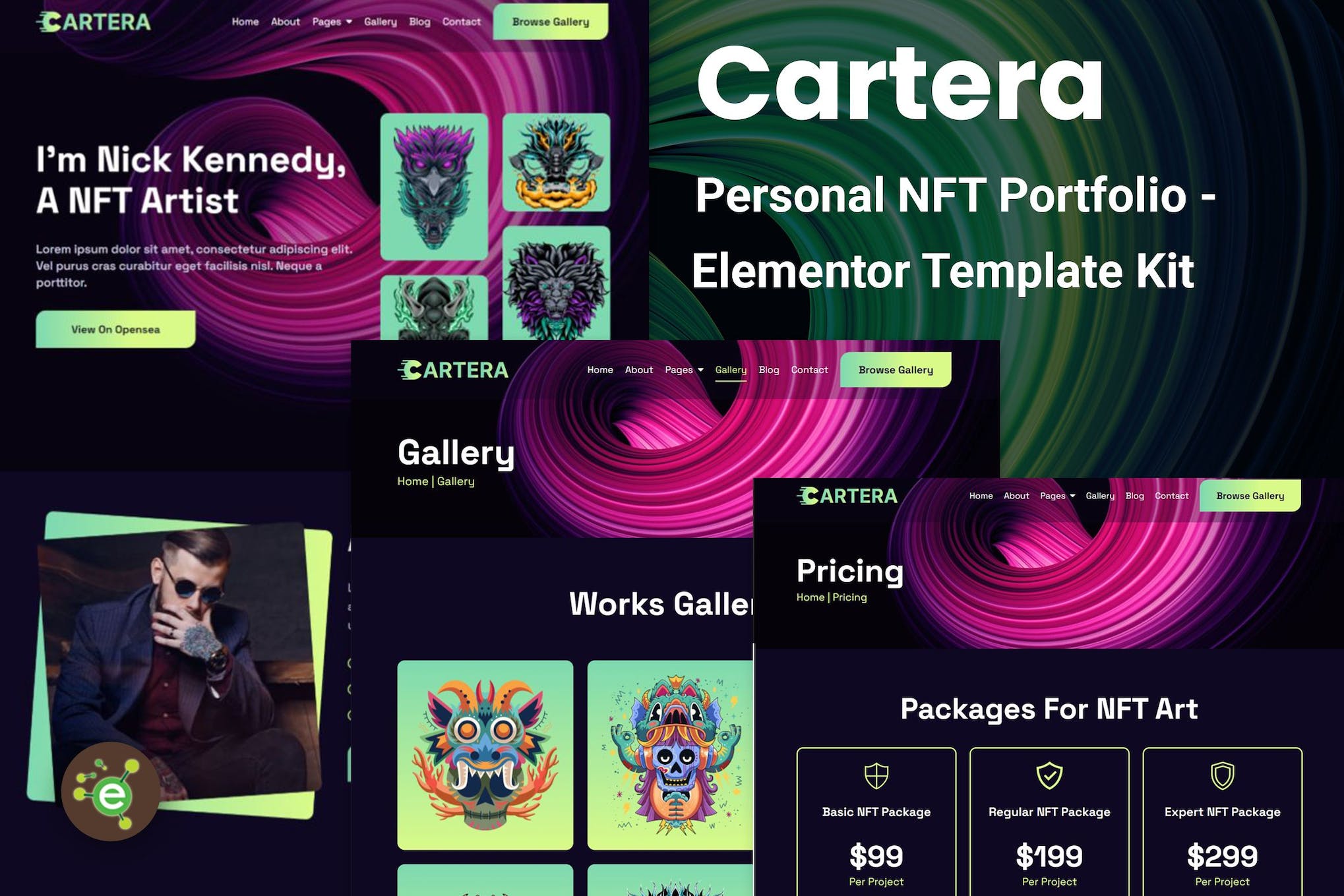 Cartera - Personal NFT Portfolio Elementor Template Kit template kit cover image
