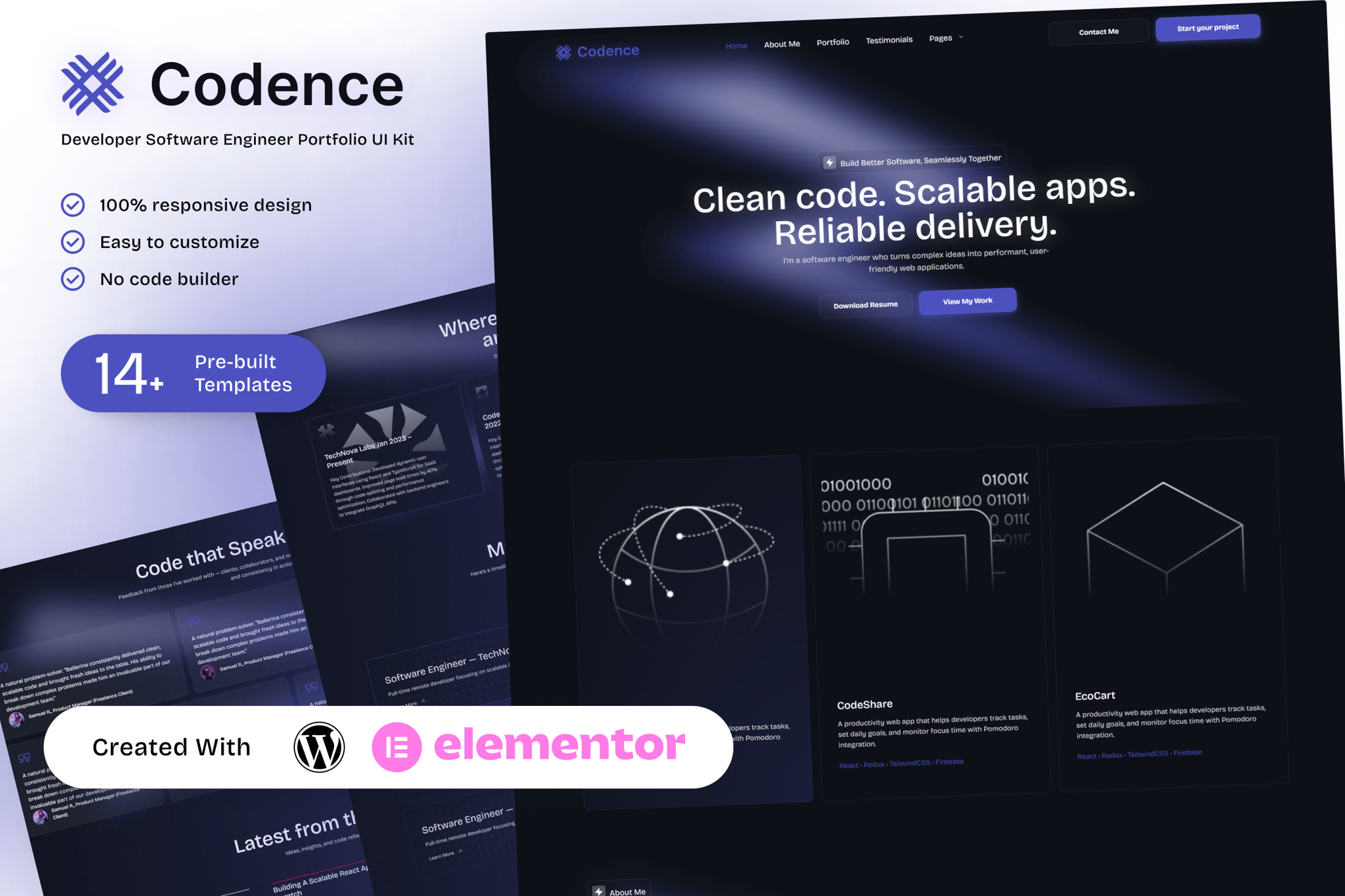 Codence – Developer Software Engineer Portfolio Elementor Template Kit template kit cover image