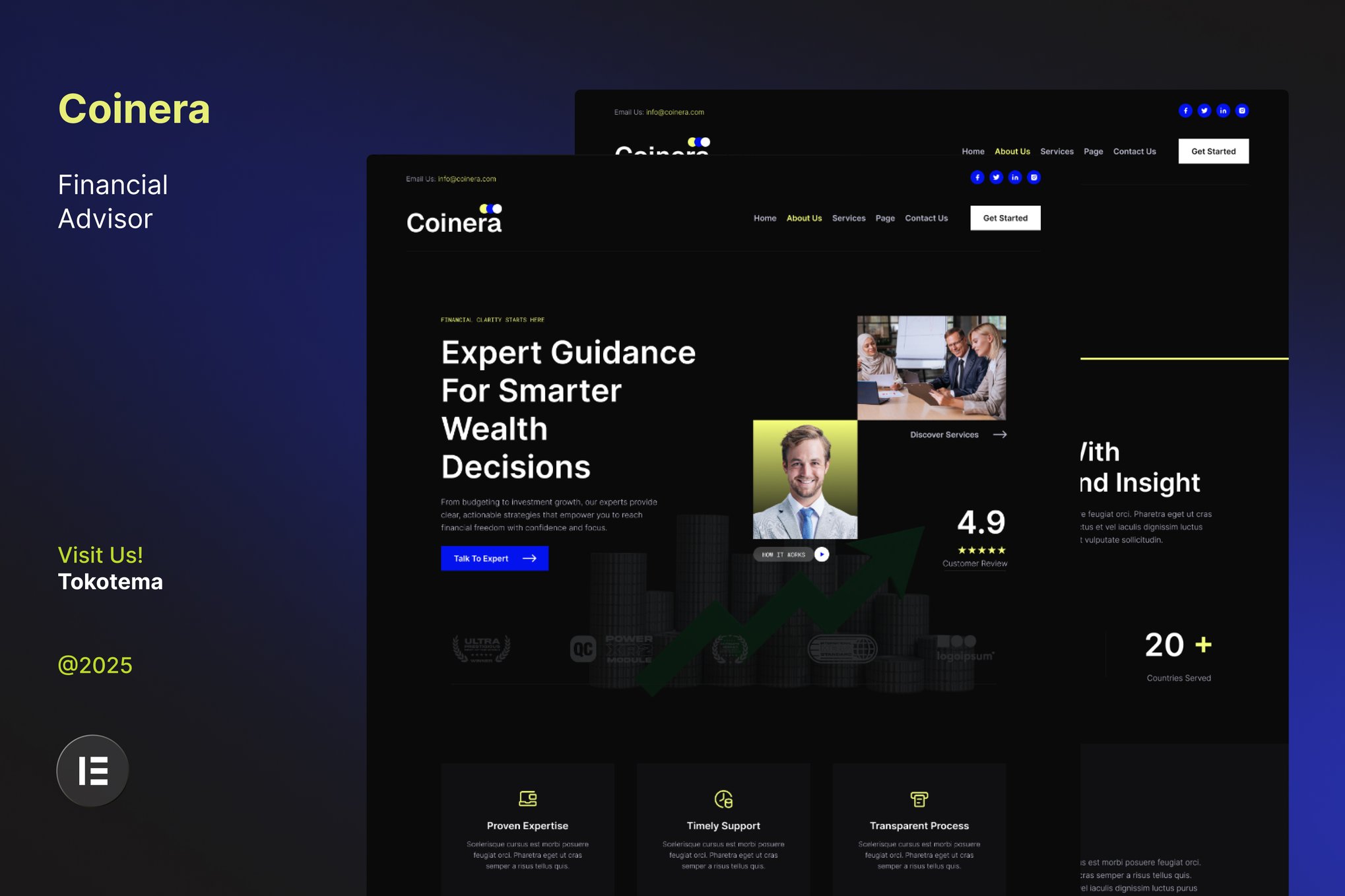 Coinera - Dark Financial Advisor & Coaching Website Elementor Template Kit template kit cover image