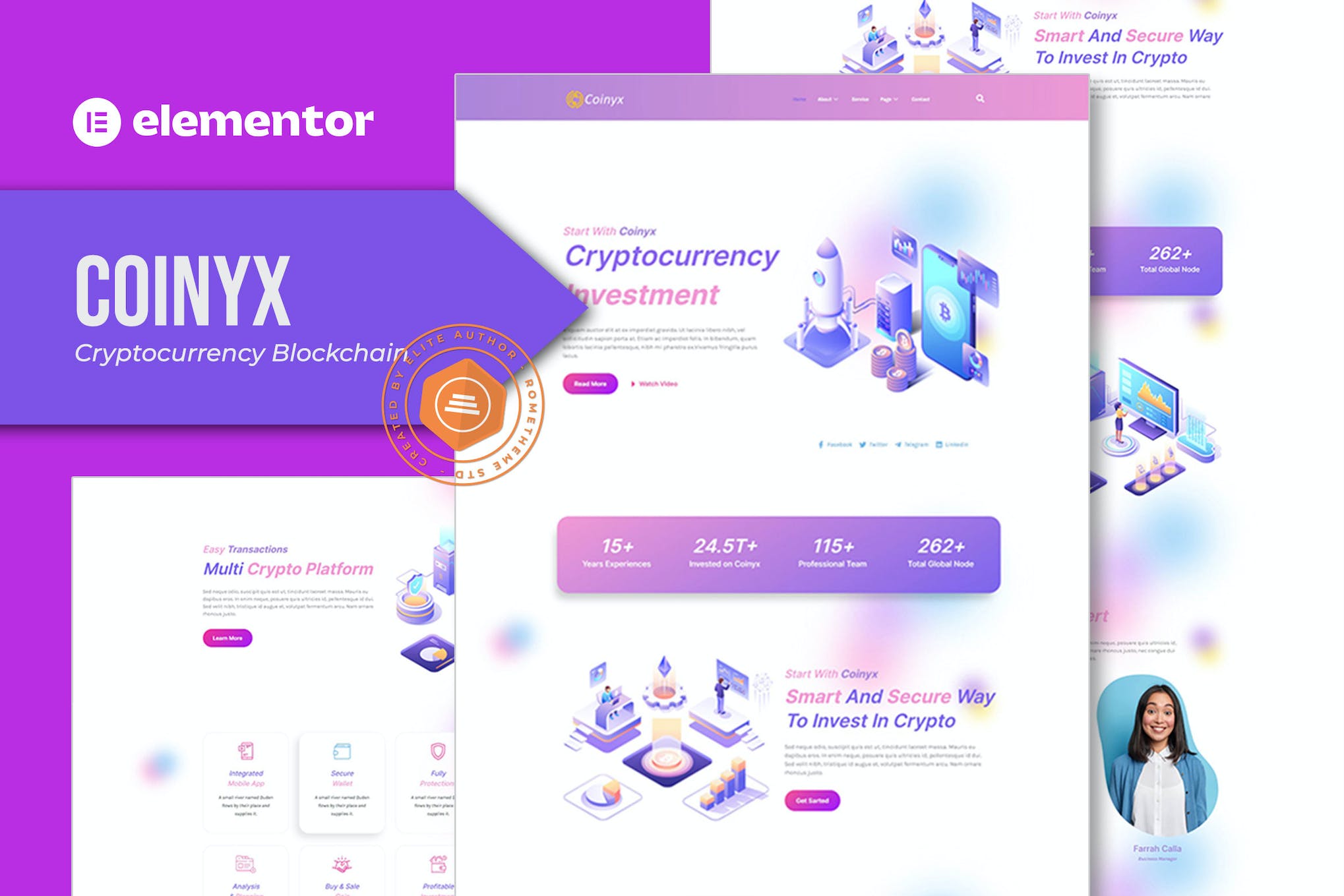 Coinyx - Cryptocurrency Blockchain & Bitcoin Elementor Template Kit template kit cover image