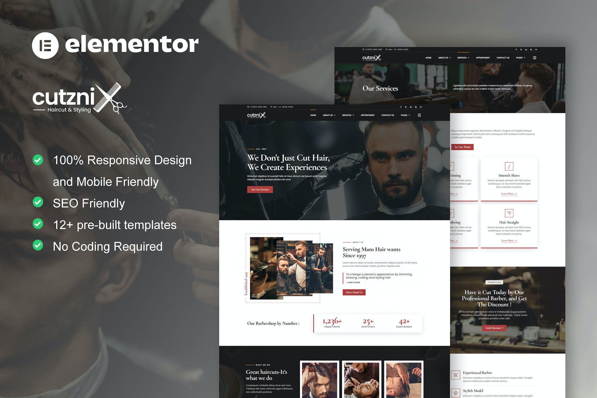 Cutznix - Barbershop & Hair Salon Elementor Template Kit template kit cover image