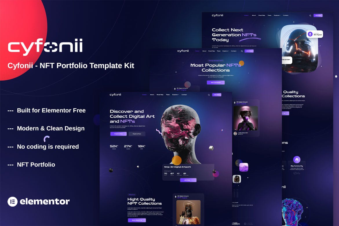 Cyfonii - NFT Digital Asset Agency Portfolio Elementor Template Kit template kit cover image