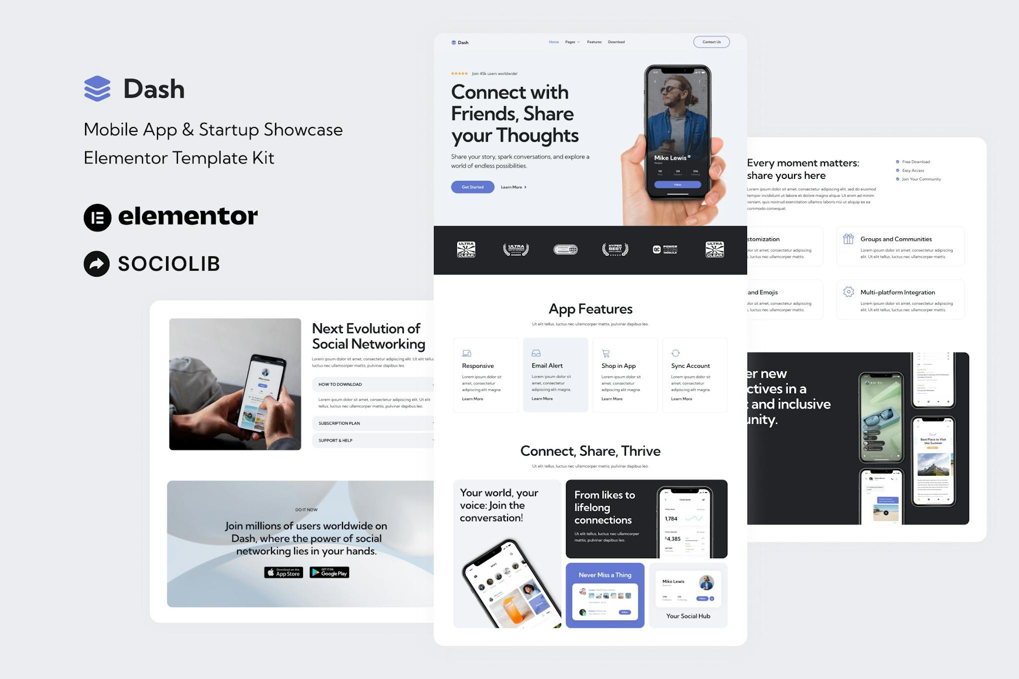 Dash - Mobile App & Startup Showcase Elementor Template Kit template kit cover image