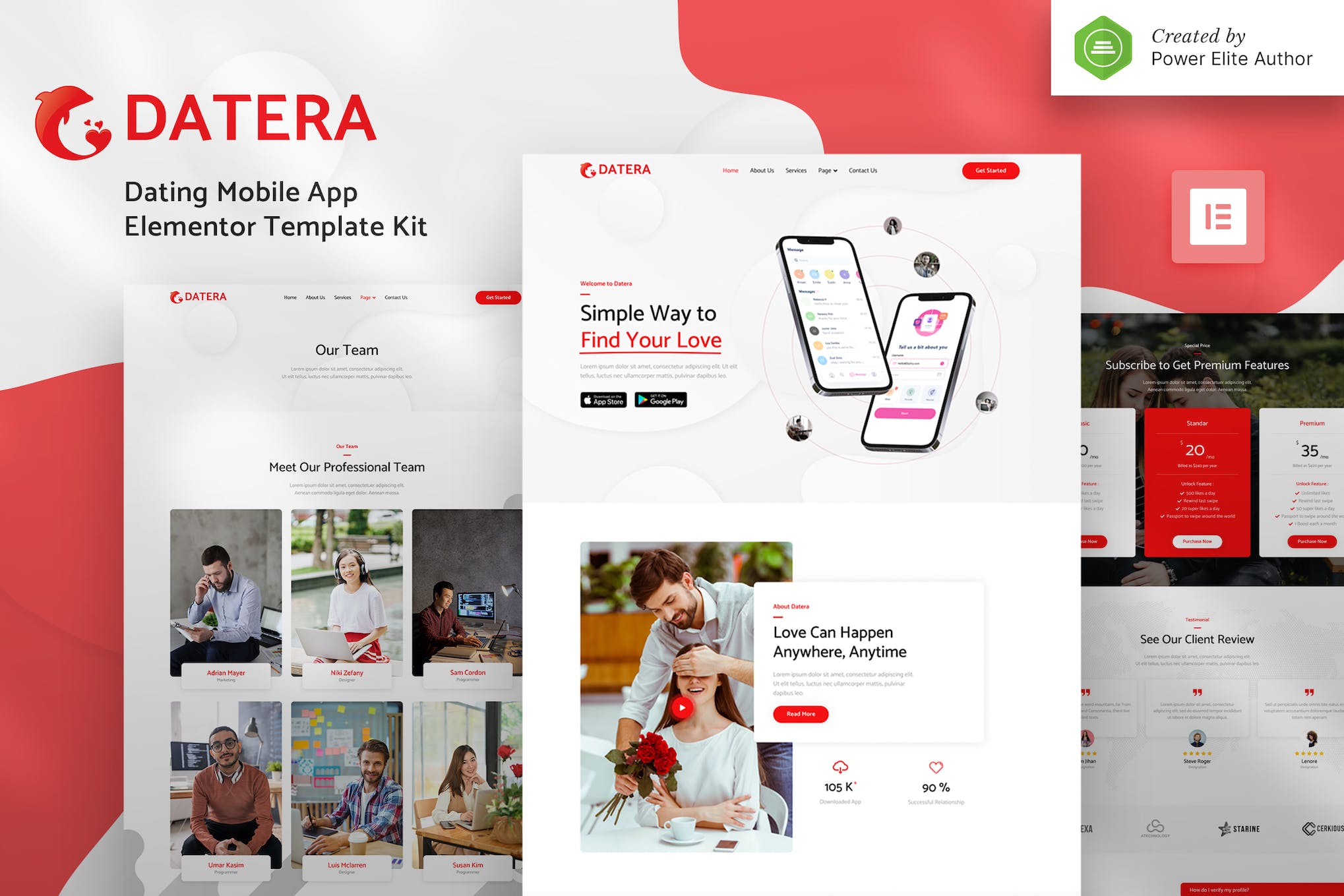Datera – Online Dating Mobile App Landing Elementor Template Kit template kit cover image