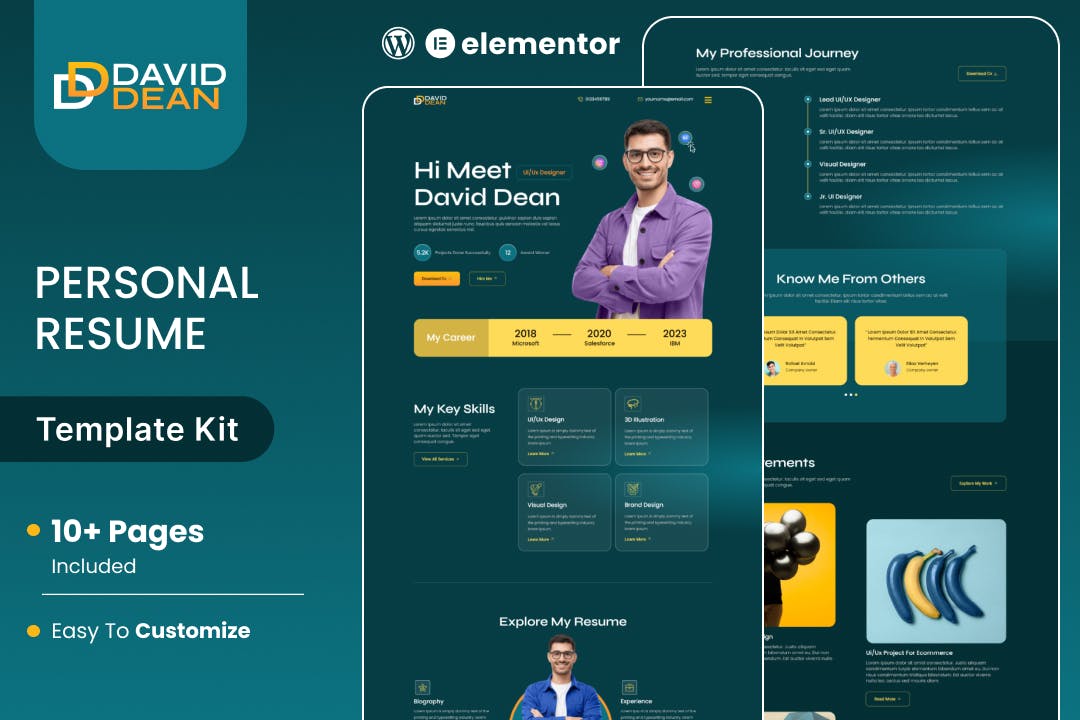 DavidDean – Personal Portfolio & Resume Elementor Template Kit template kit cover image