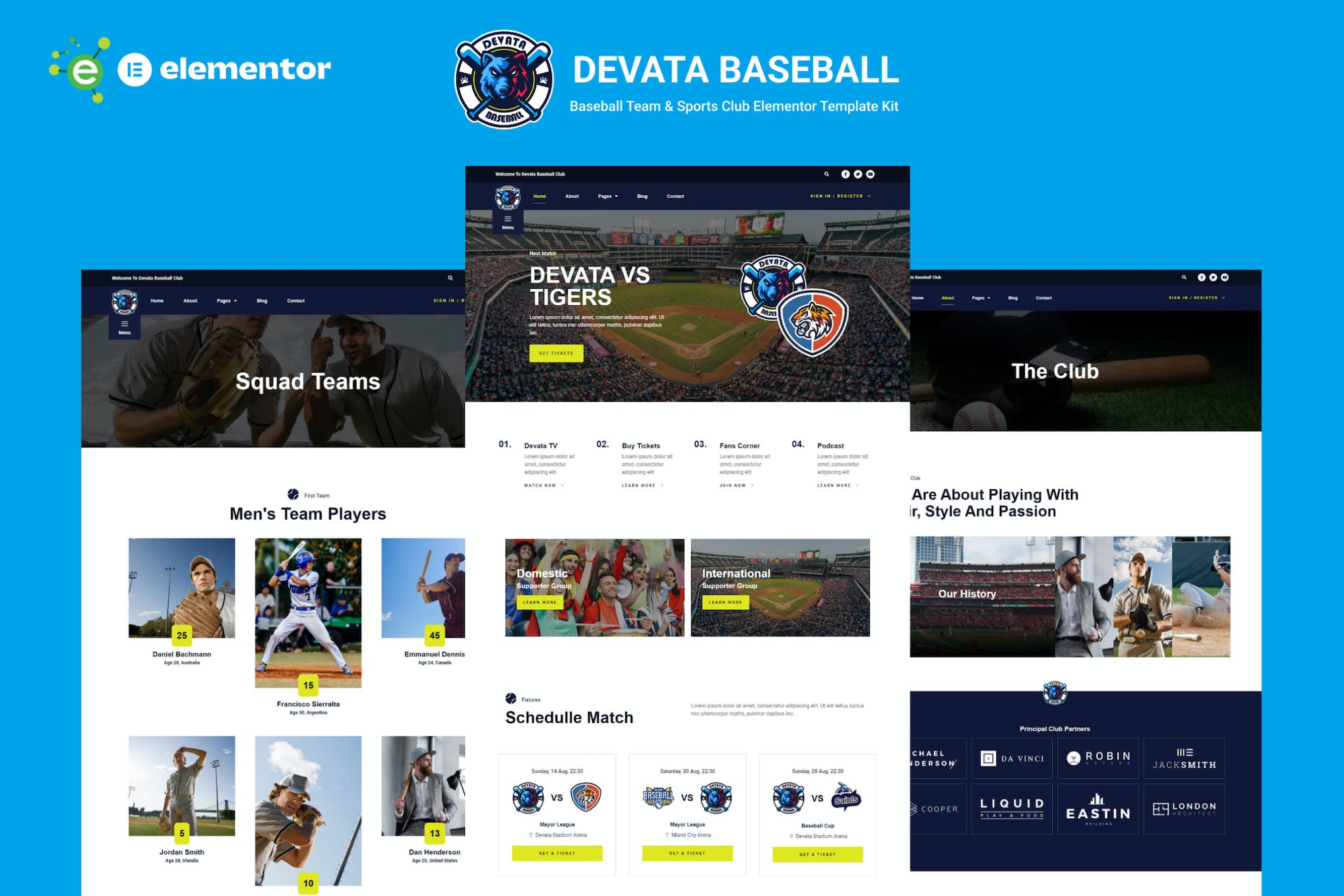 Devata - Baseball Team & Sports Club Elementor Template Kit template kit cover image