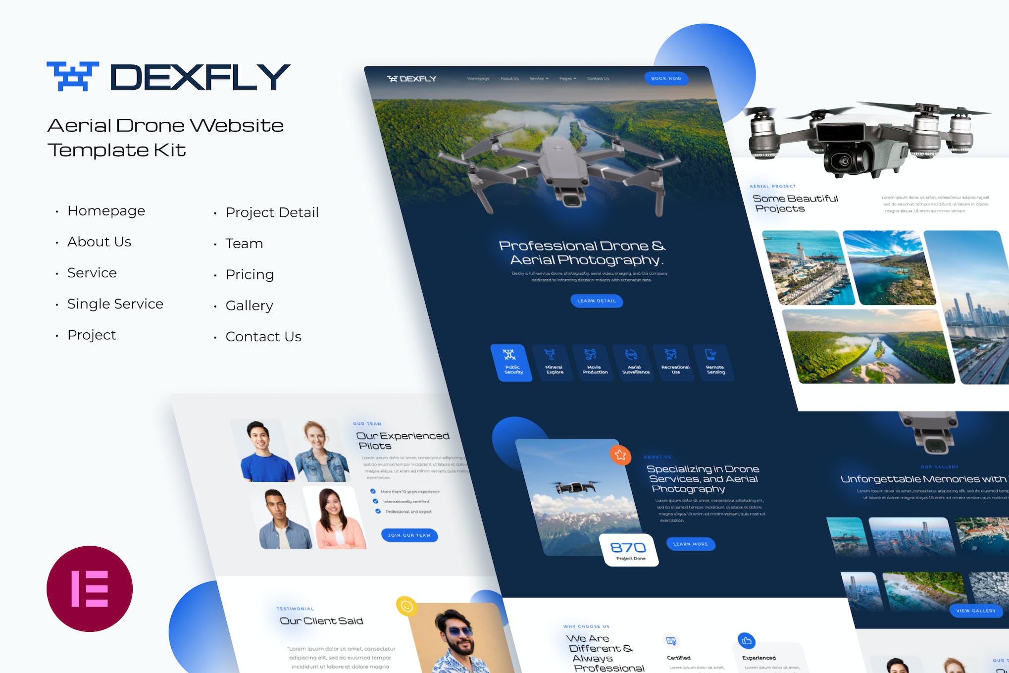 Dexfly | Drone & Aerial Photography Elementor Template Kit template kit cover image