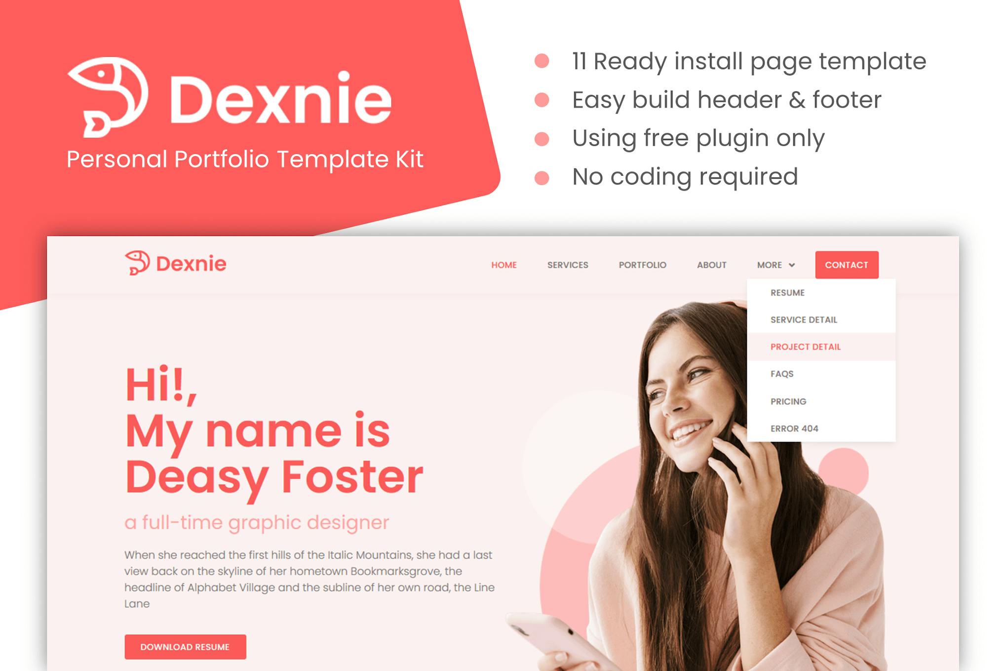 Dexnie - Personal Portfolio Elementor Template Kit template kit cover image