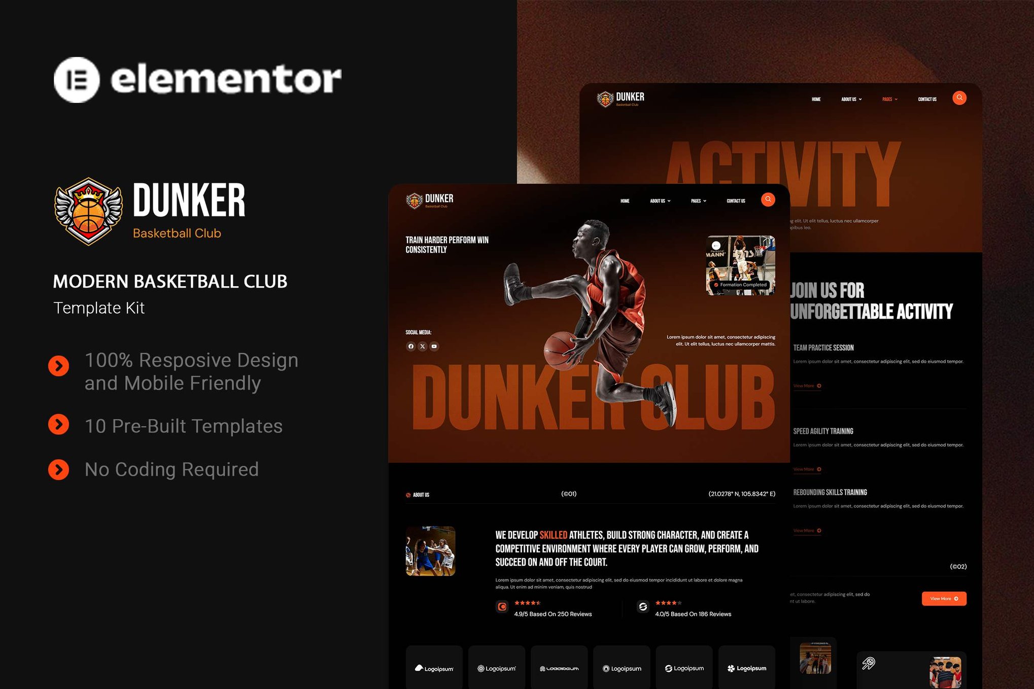 Dunker - Modern Basketball Club Elementor Template Kit template kit cover image