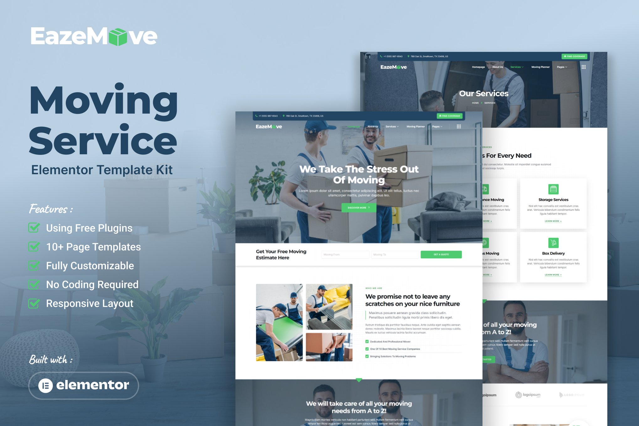 EazeMove - Moving Service Elementor Template Kit template kit cover image
