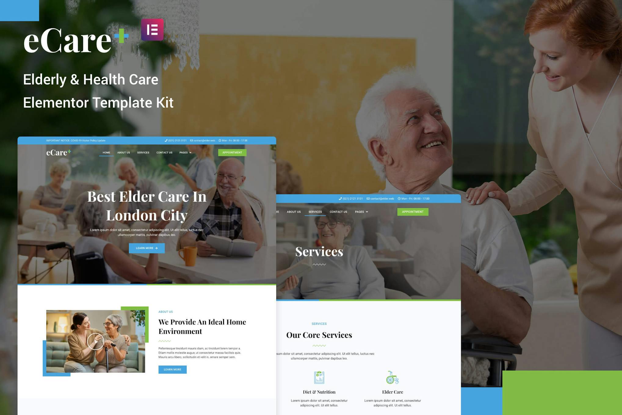 eCare - Elderly & Health Care Elementor Template Kit template kit cover image