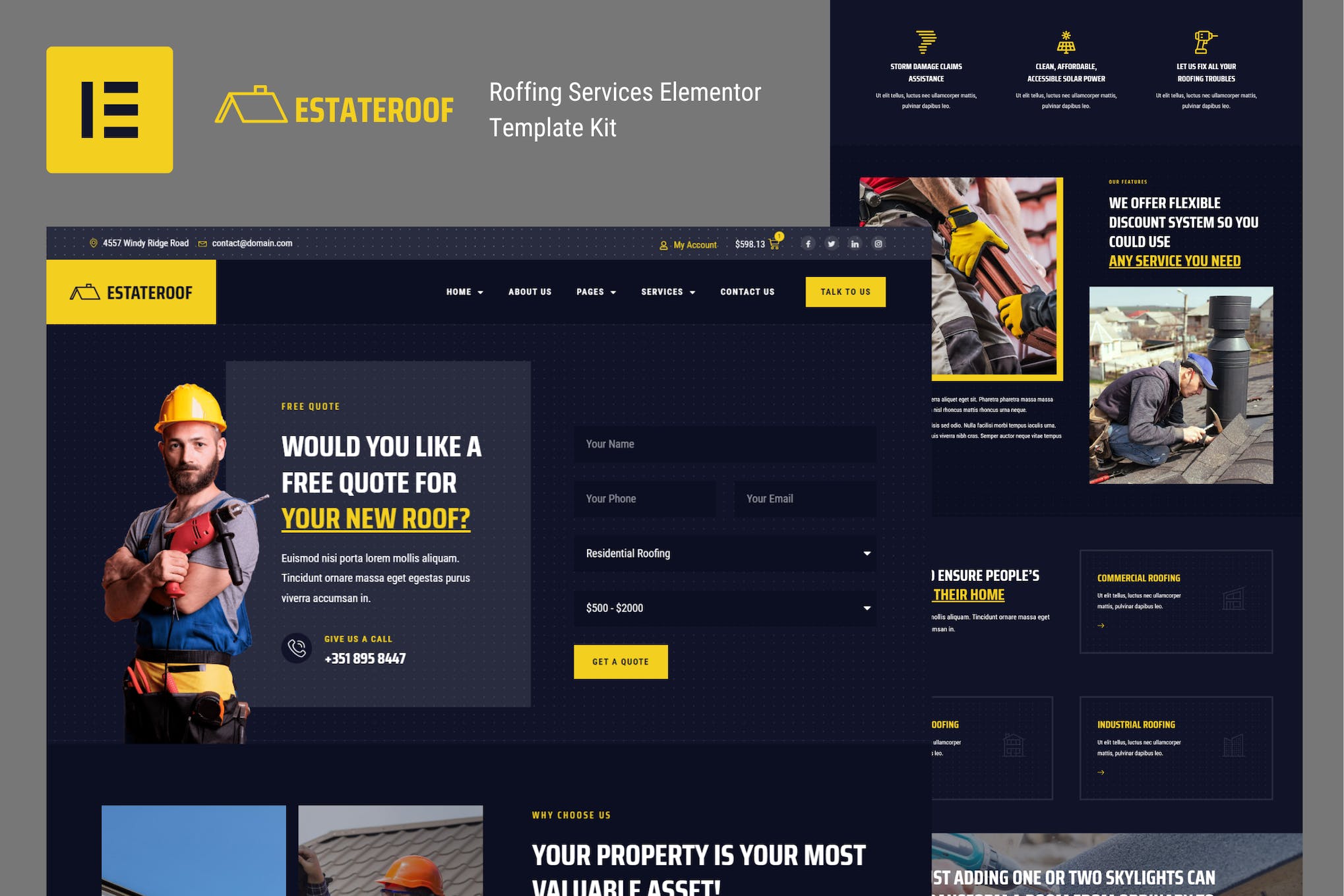 EstateRoof - Roofing Services Elementor Template Kit template kit cover image