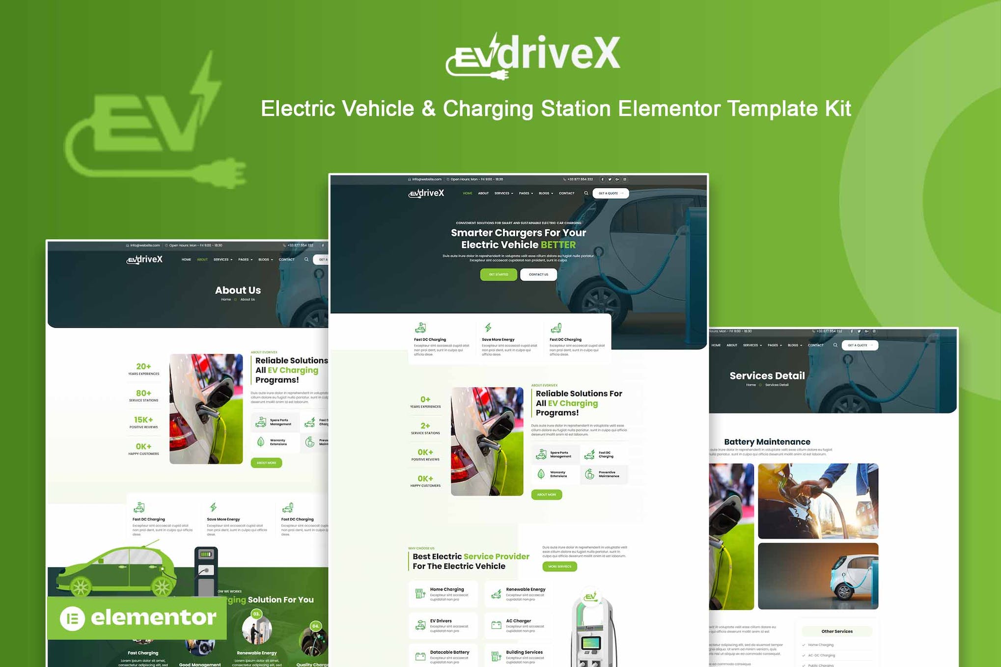 EVdriveX - Electric Vehicle & Charging Station Elementor Template Kit template kit cover image