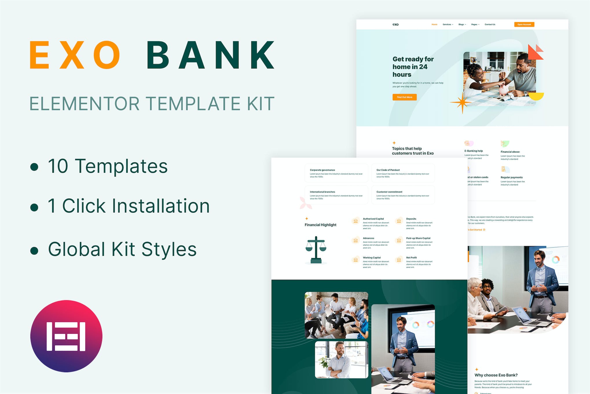 Exobank - Financial Elementor Template Kit template kit cover image