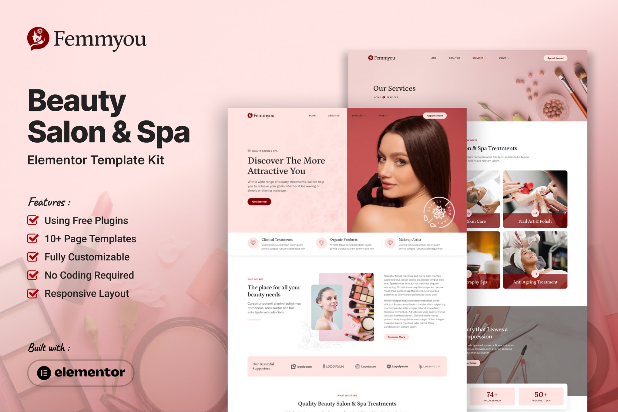 Femmyou - Beauty Salon & Spa Elementor Template Kit template kit cover image