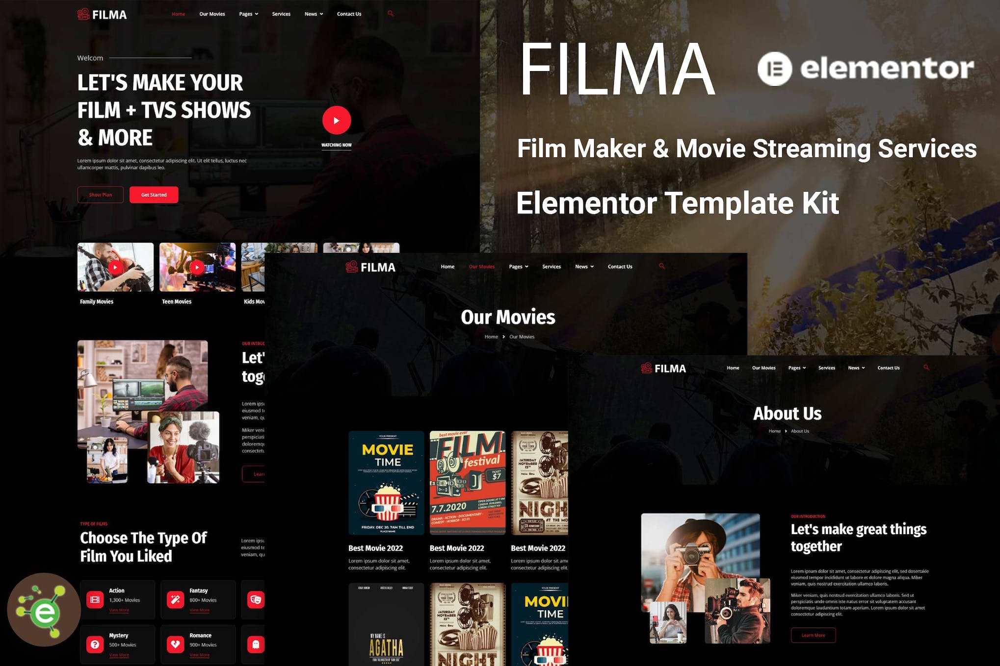 Filma - Film Maker & Movie Streaming Services Elementor Template Kit template kit cover image