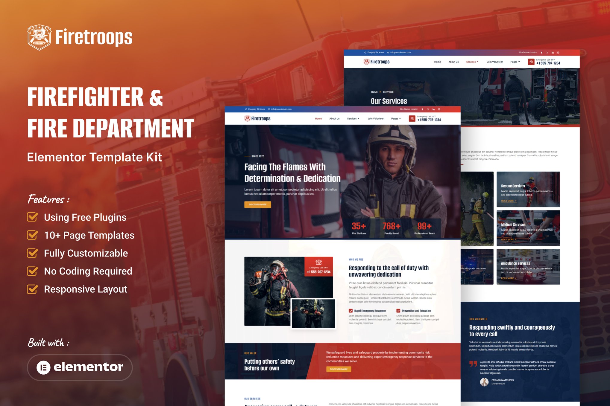 Firetroops - Firefighter & Fire Department Elementor Template Kit template kit cover image