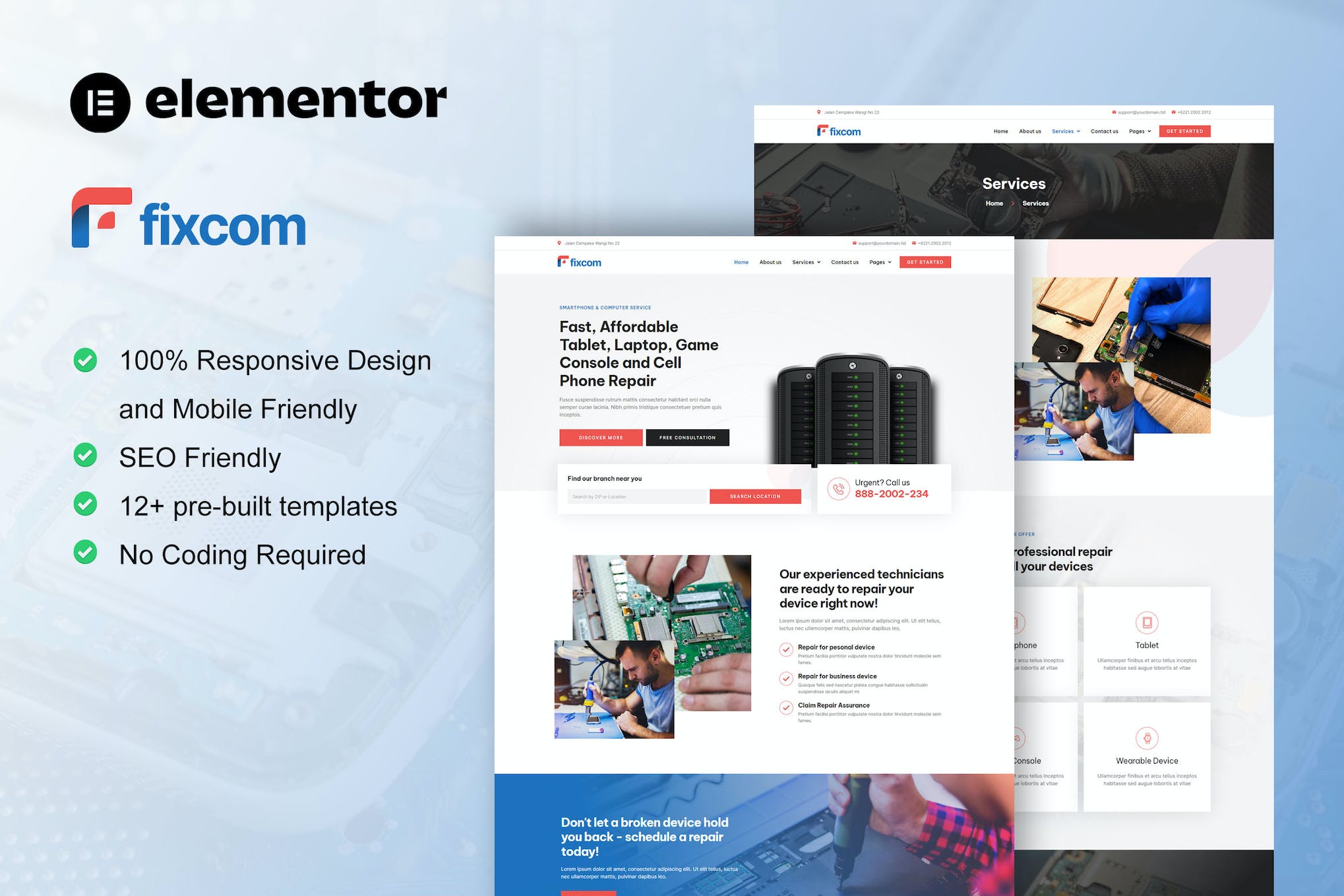Fixcom - Mobile Phone & Computer Repair Elementor Template Kit template kit cover image