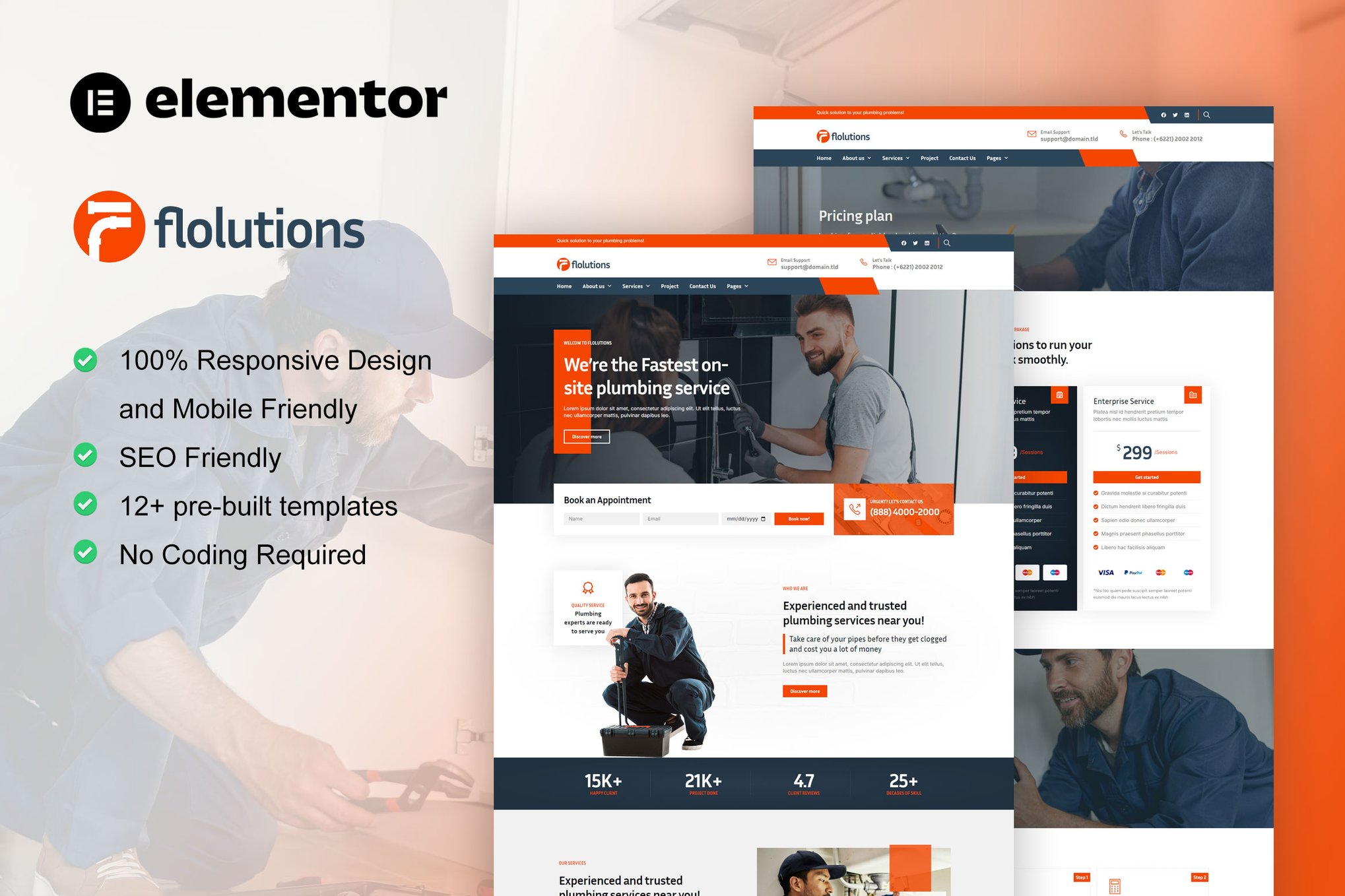 Flolution - Plumber & Repair Service Elementor Template Kit template kit cover image
