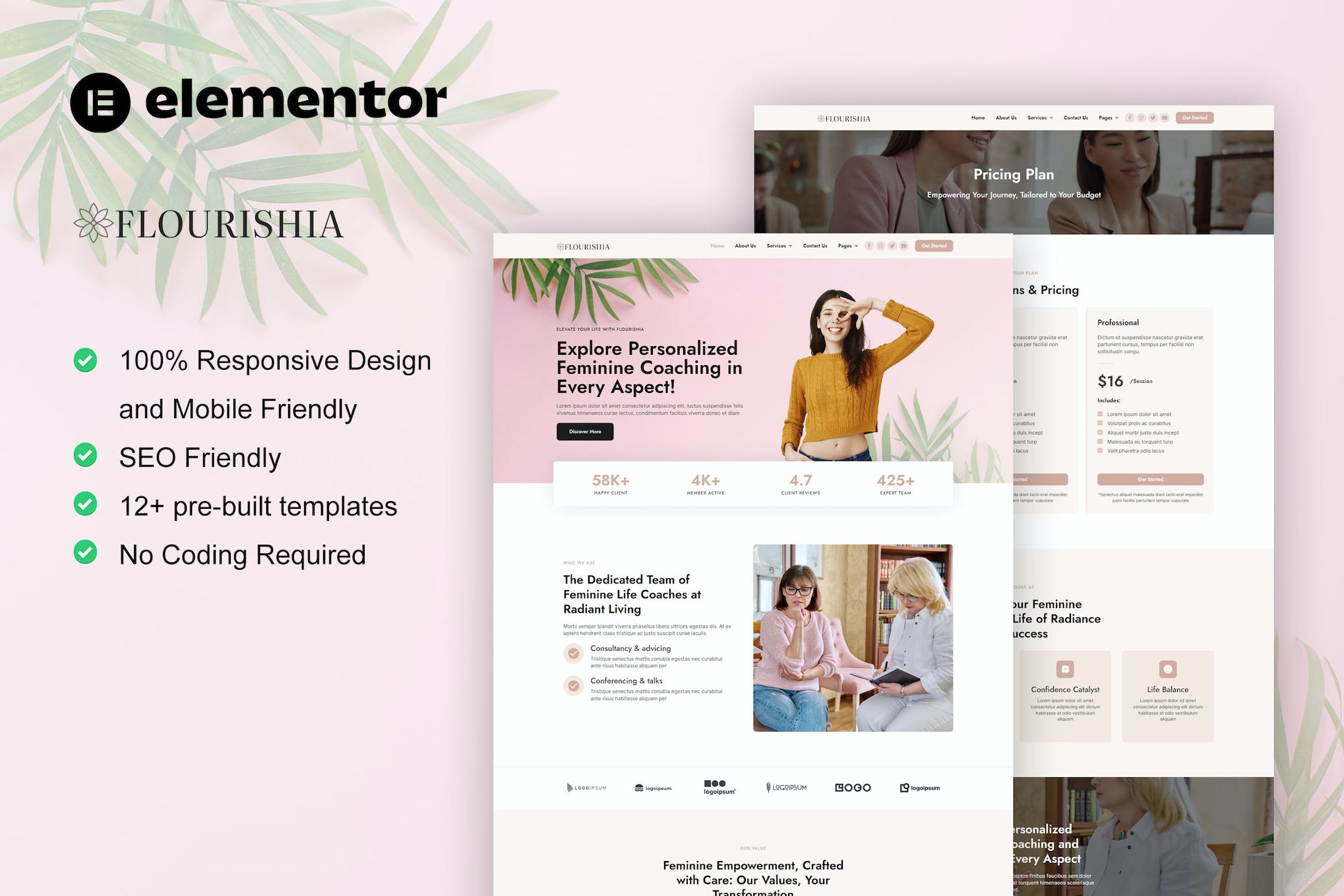 Flourishia - Feminine Business Coaching Elementor Pro Template Kit template kit cover image