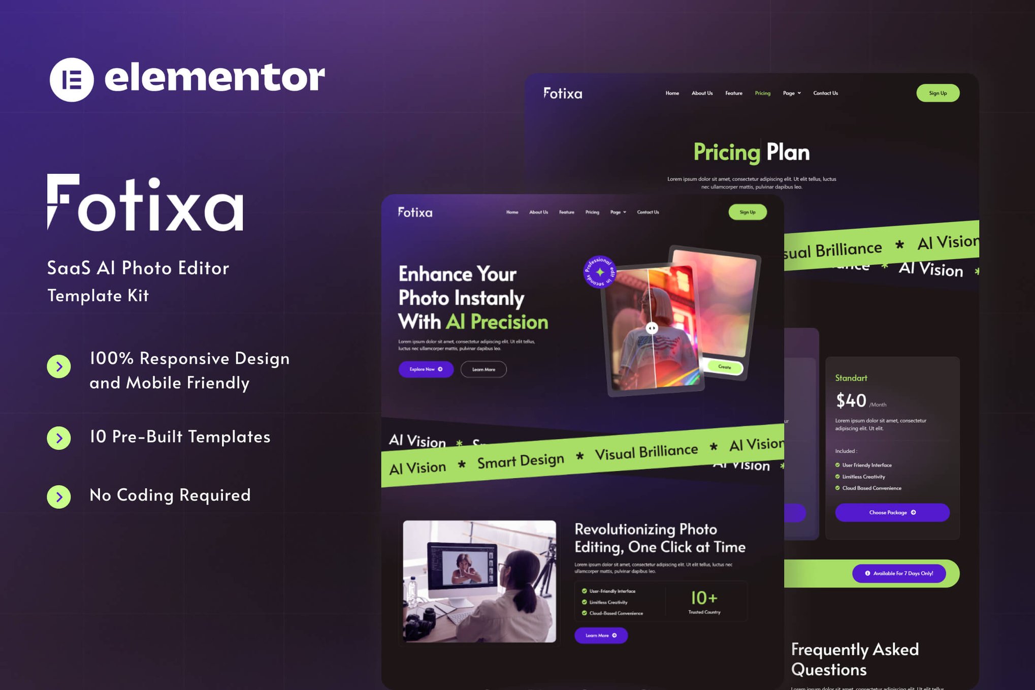 Fotixa - SaaS AI Photo App Website Elementor Template Kit template kit cover image