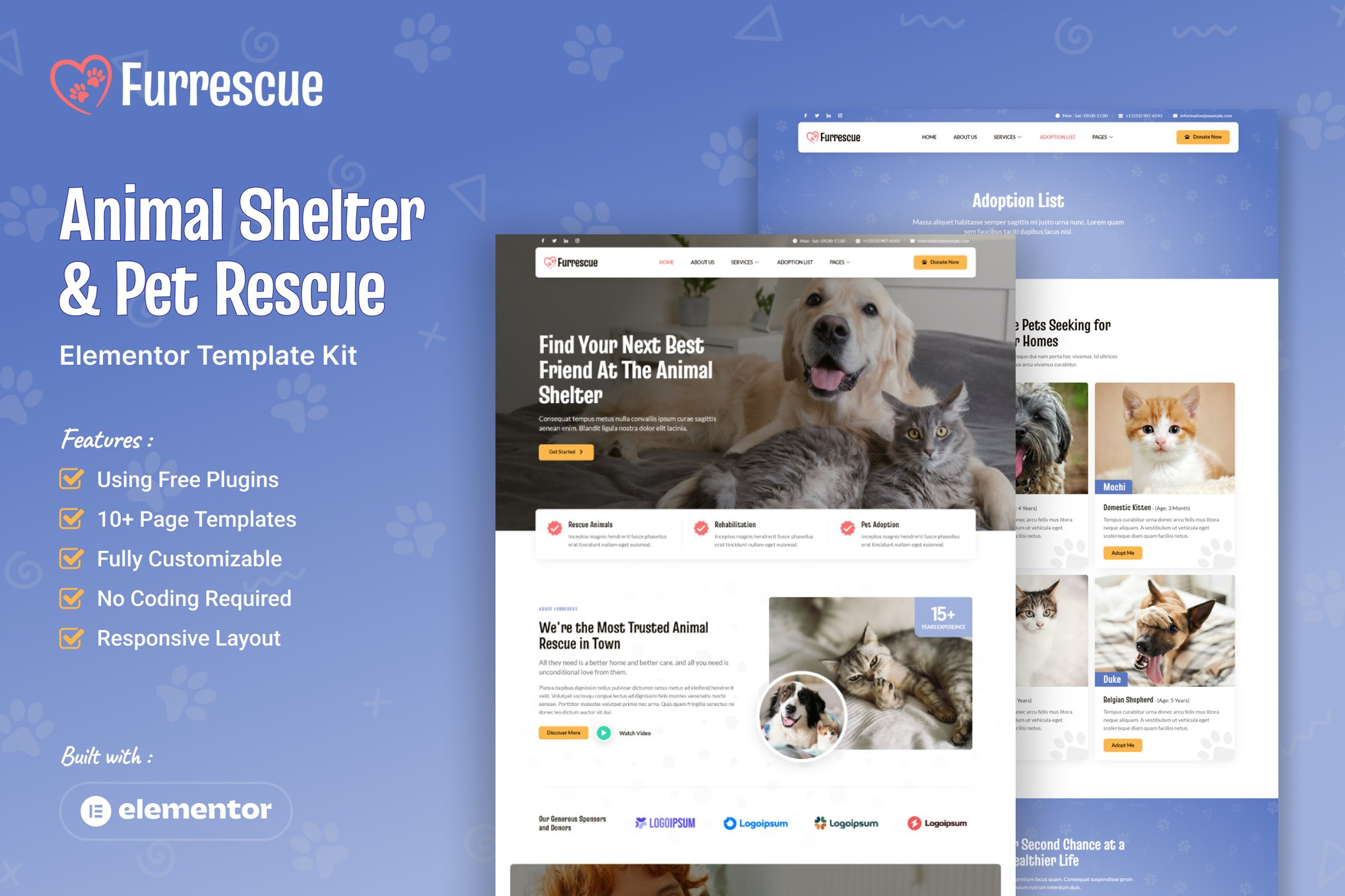 Furrescue - Animal Shelter & Pet Rescue Elementor Template Kit template kit cover image
