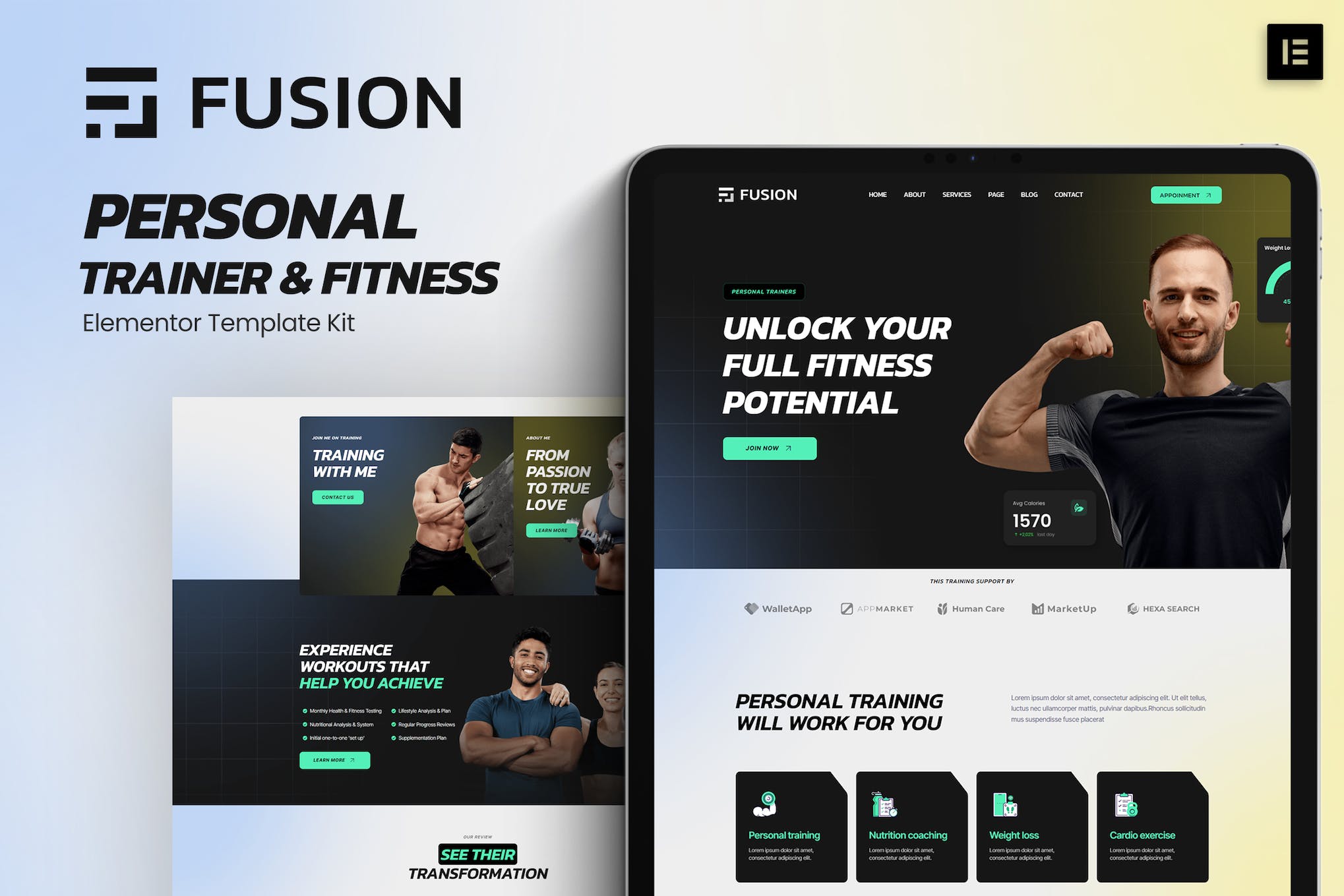Fusion - Personal Trainer & Fitness Elementor Template Kit template kit cover image