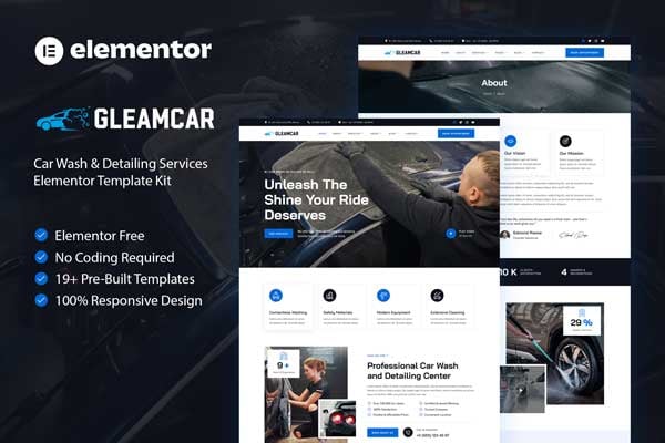 Gleamcar - Car Wash & Detailing Service Elementor Template Kit template kit cover image