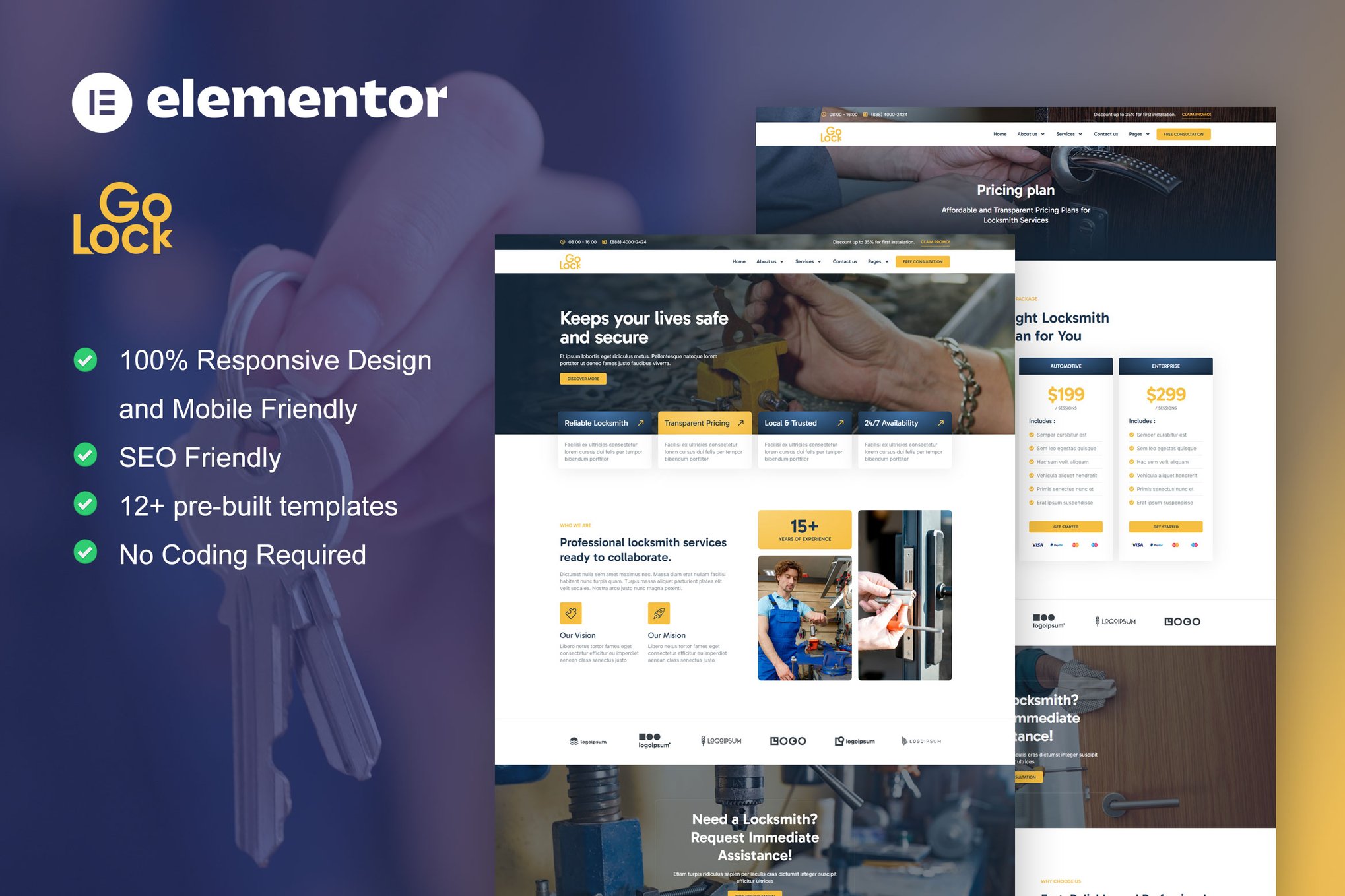 GoLock - Locksmith & Key Maker Service Elementor Pro Template Kit template kit cover image