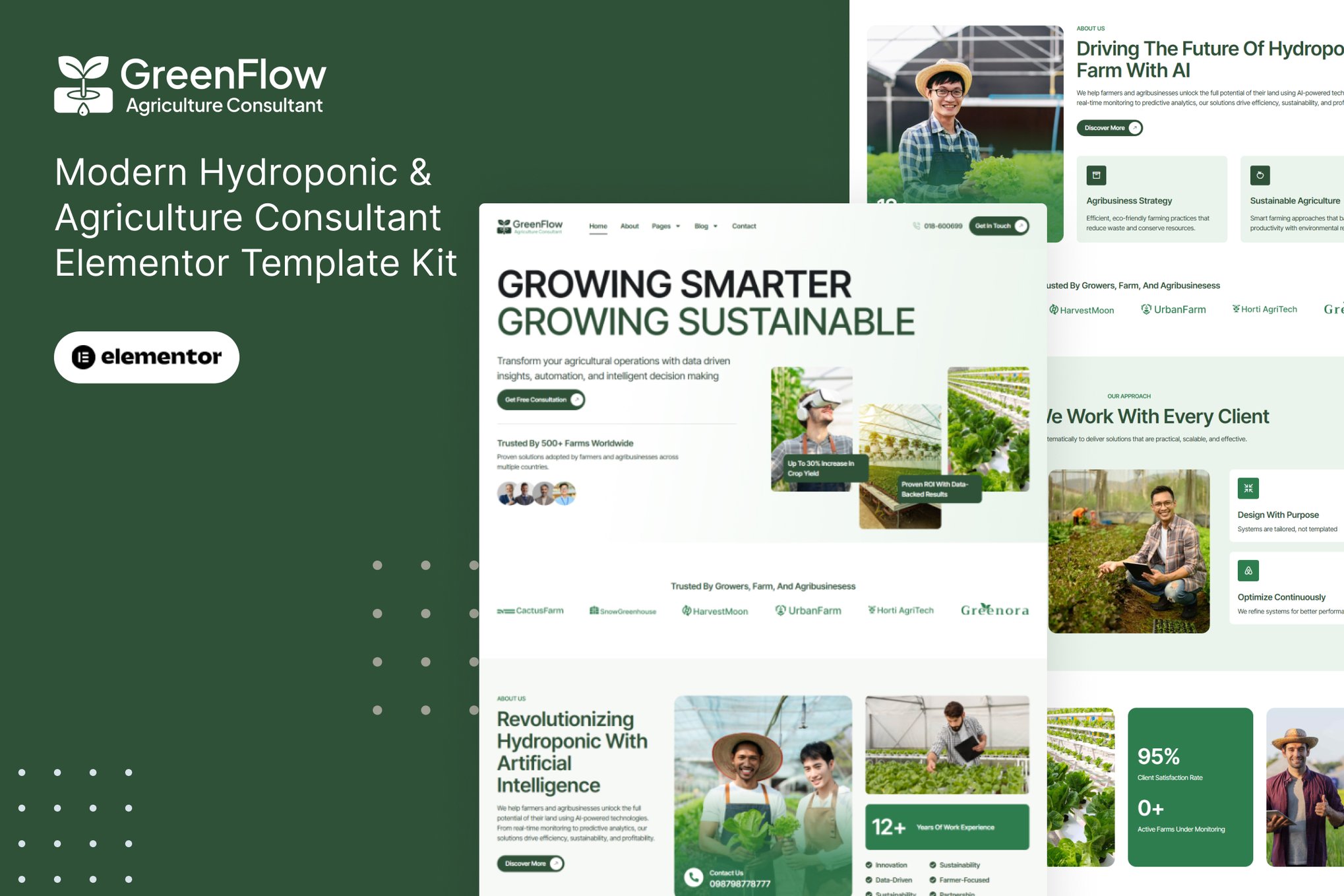 GreenFlow - Modern Hydroponic & Agriculture Consultant Elementor Pro Template Kit template kit cover image