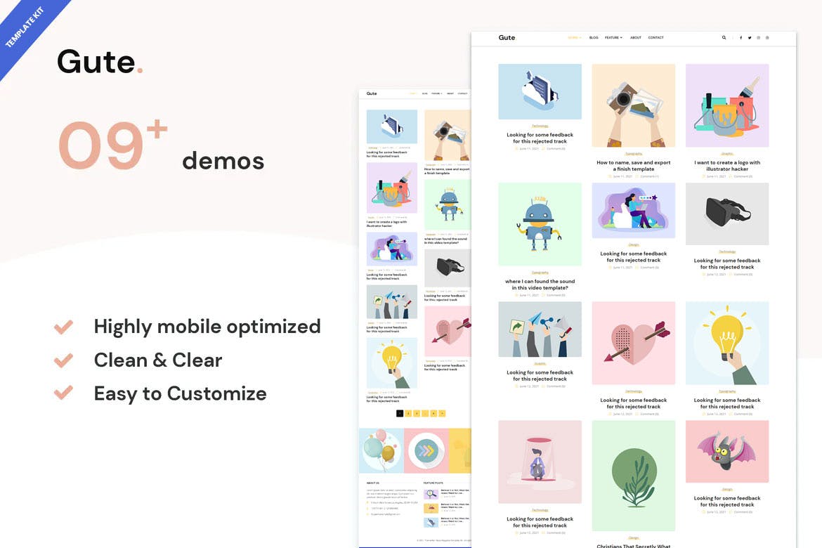 Gute - Minimalist Blog Elementor Template Kit template kit cover image