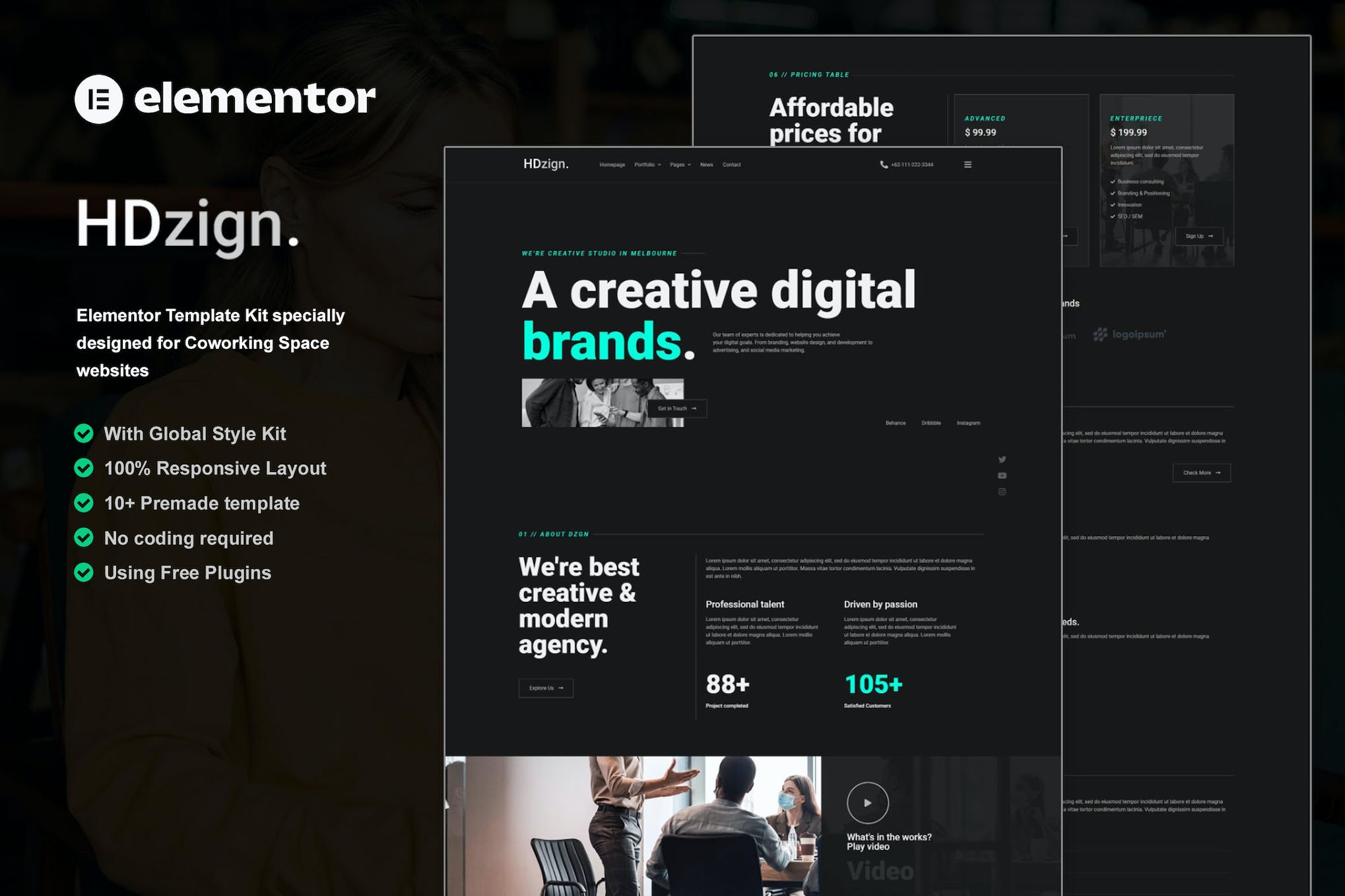 HDzign - Dark Digital Agency Elementor Template Kit template kit cover image