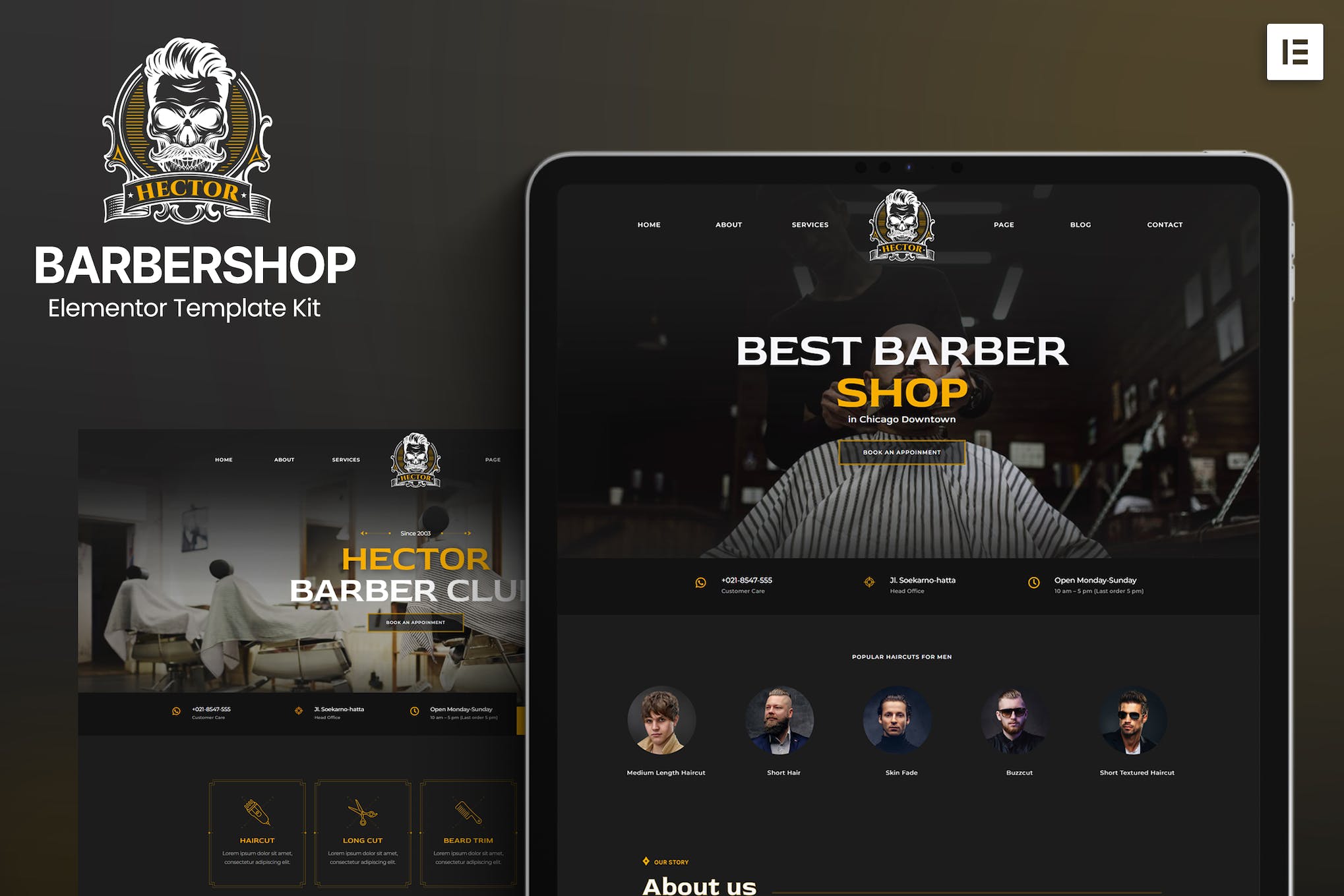 Hector - Barbershop Elementor Template Kit template kit cover image