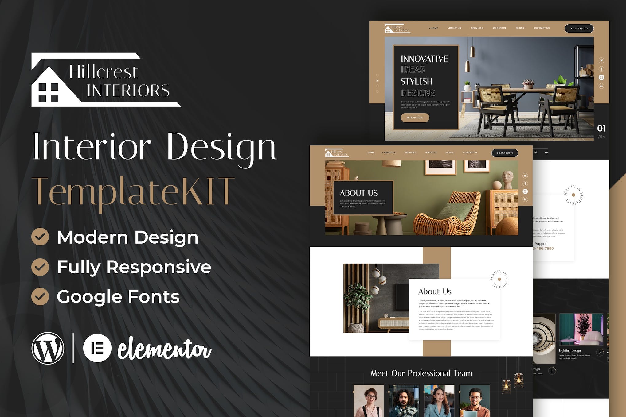 Hillcrest - Interior Design Elementor Template Kit template kit cover image