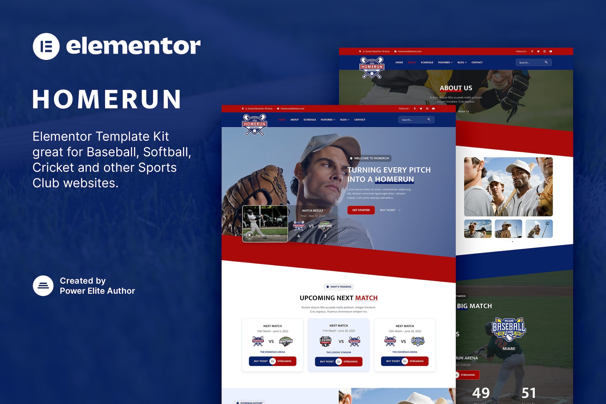 Homerun – Baseball Team & Sports Club Elementor Template Kit template kit cover image